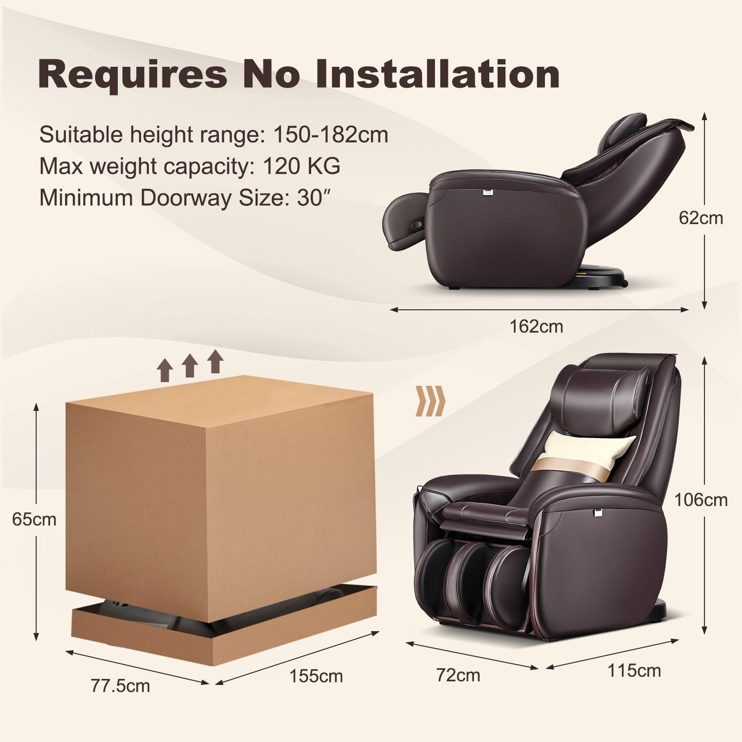 3D Zero Gravity Massage Chair with Full Body Massage and Back Heater -Brown Dimensions no installation and ready to use