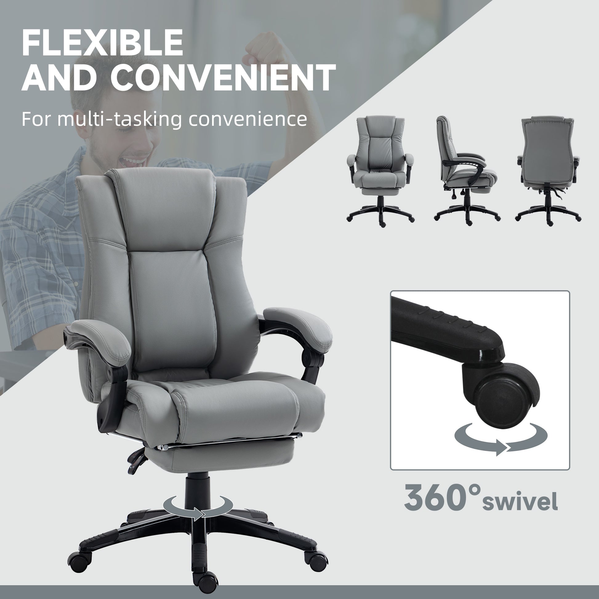 Image for Vinsetto PU Leather Office Chair, Swivel Computer Chair with Footrest, Wheels, Adjustable Height, Grey