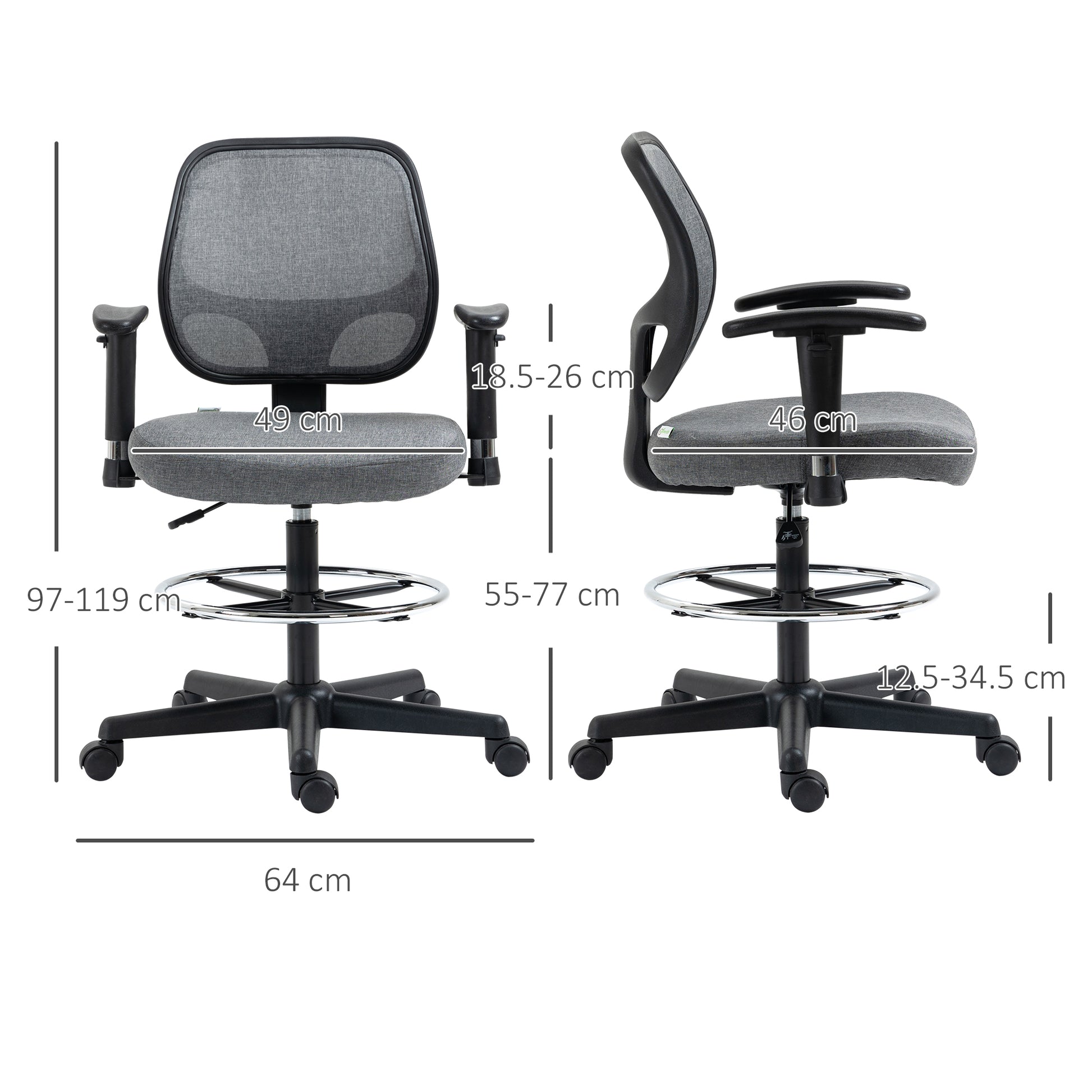 Image for Vinsetto Drafting Chair Tall Office Fabric Standing Desk Chair with Adjustable Footrest Ring, Arm, Swivel Wheels, Grey