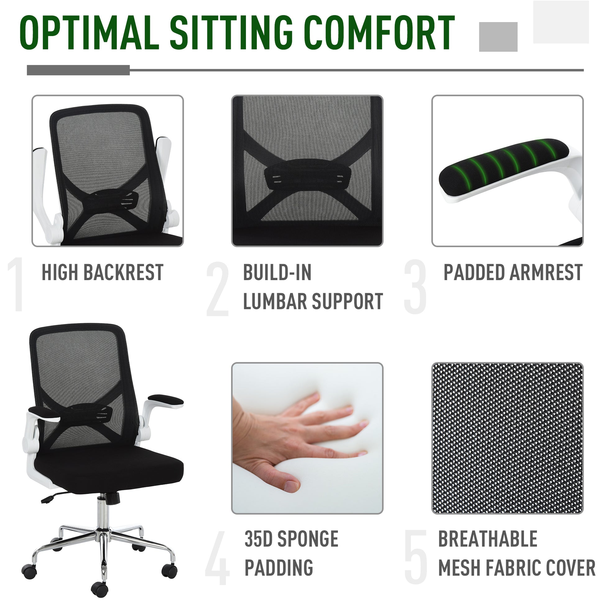 Image for Vinsetto Mesh Office Chair with Flip-Up Arm, Lumbar Support, Home Task High Back Swivel Chair Adjustable Height, Black