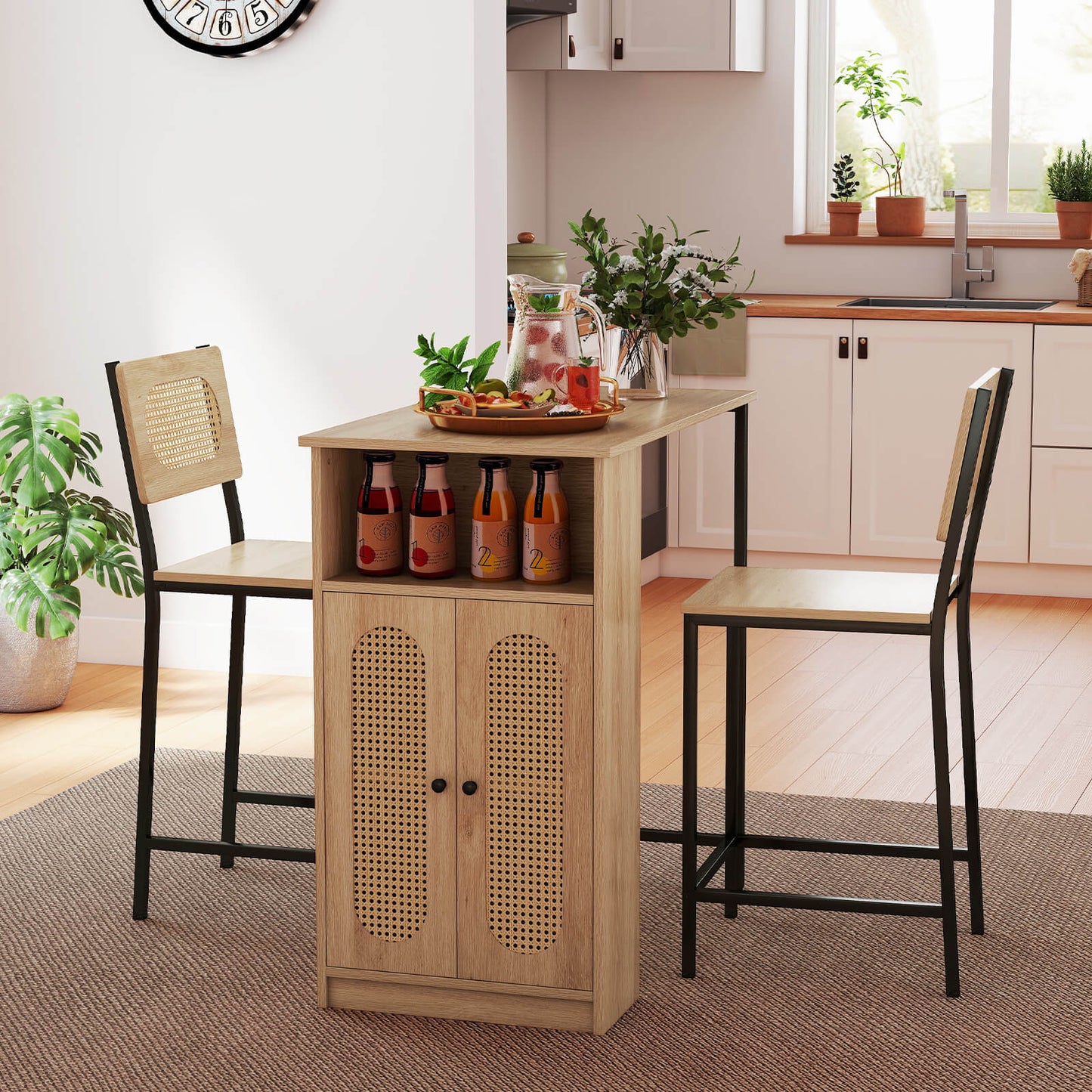 3-Piece Bar Table and Chairs Set Counter Height with PE Rattan Cabinet-Natural