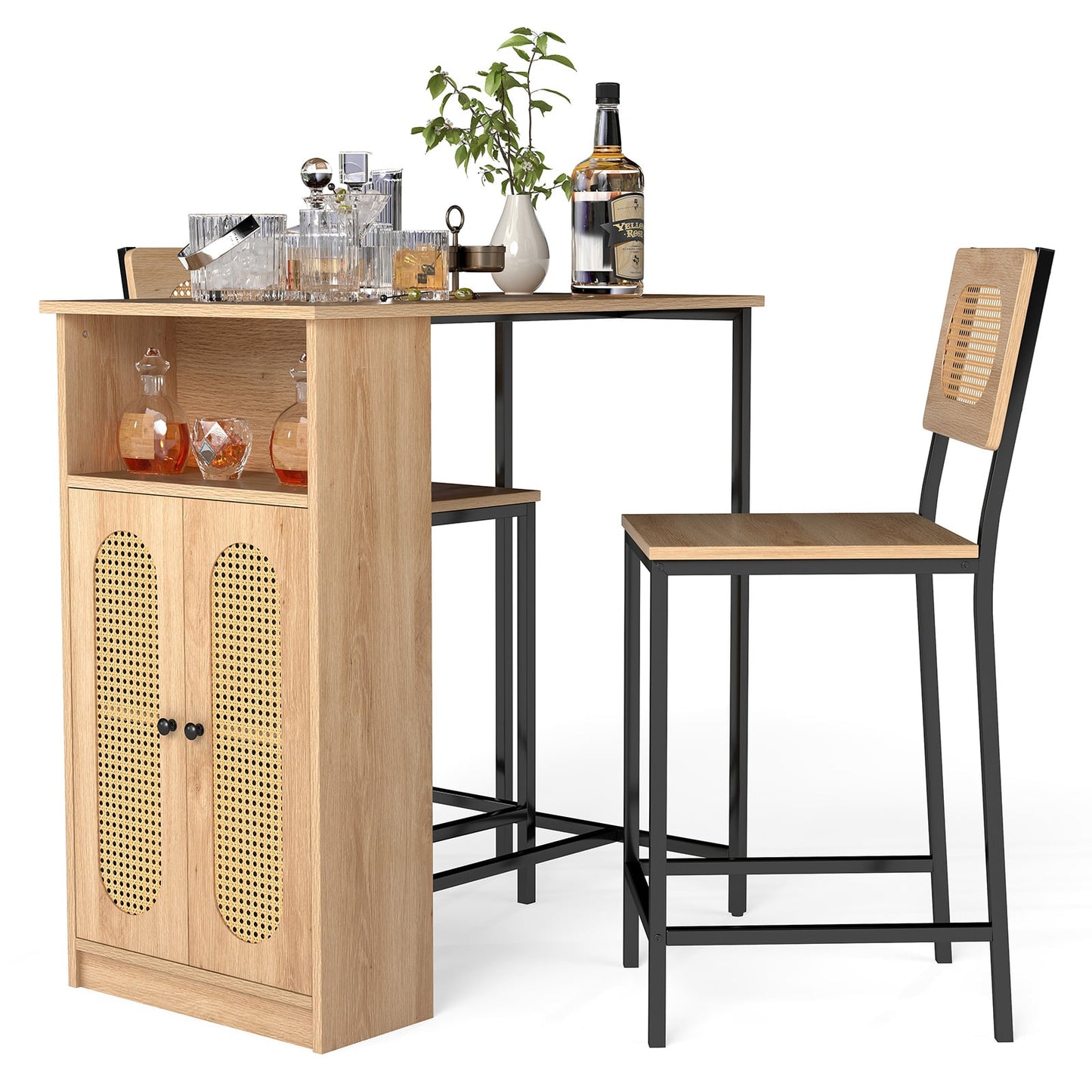3-Piece Bar Table and Chairs Set Counter Height with PE Rattan Cabinet-Natural