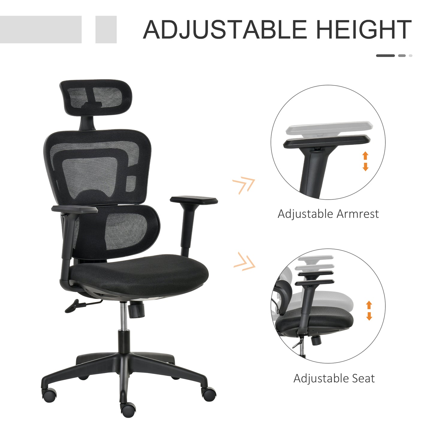 Image for Vinsetto Mesh Office Chair, Ergonomic High-Back Swivel Desk Chair with Adjustable Height, Headrest, Lumbar Support, Padded Seat for Home Office Black