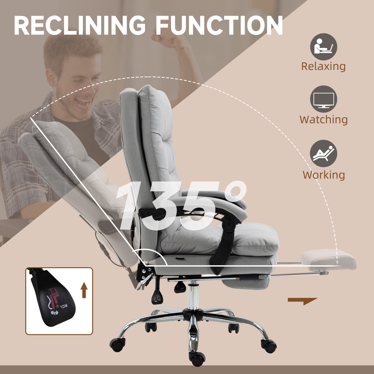 Image for Vinsetto Vibration Massage Office Chair with Heat, Microfibre Computer Chair with Footrest, Armrest, Reclining Back, Double-tier Padding, Grey