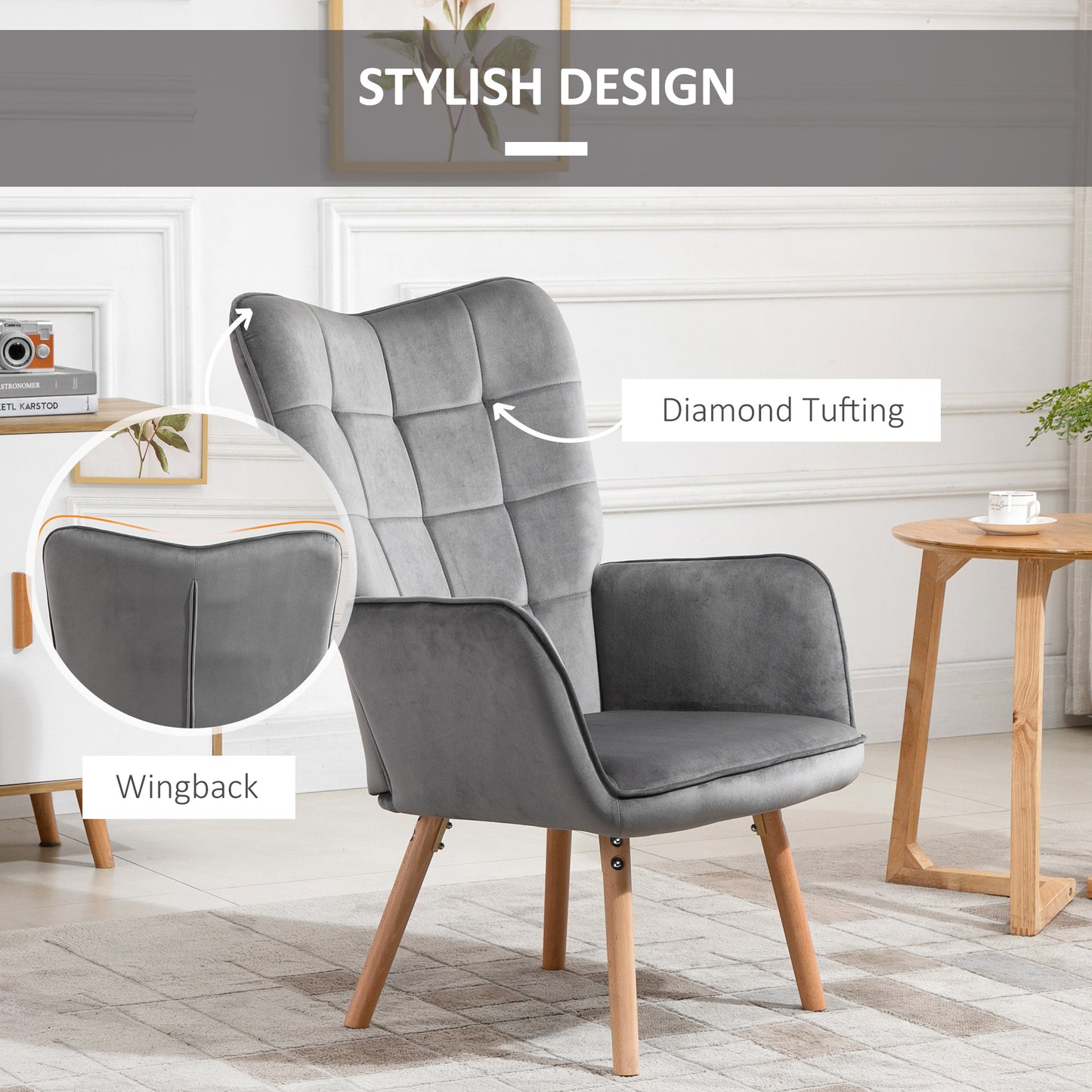 Modern Accent Chair Velvet-Touch Tufted Wingback Armchair Upholstered Leisure Lounge Sofa Club Chair with Wood Legs, Set of 2