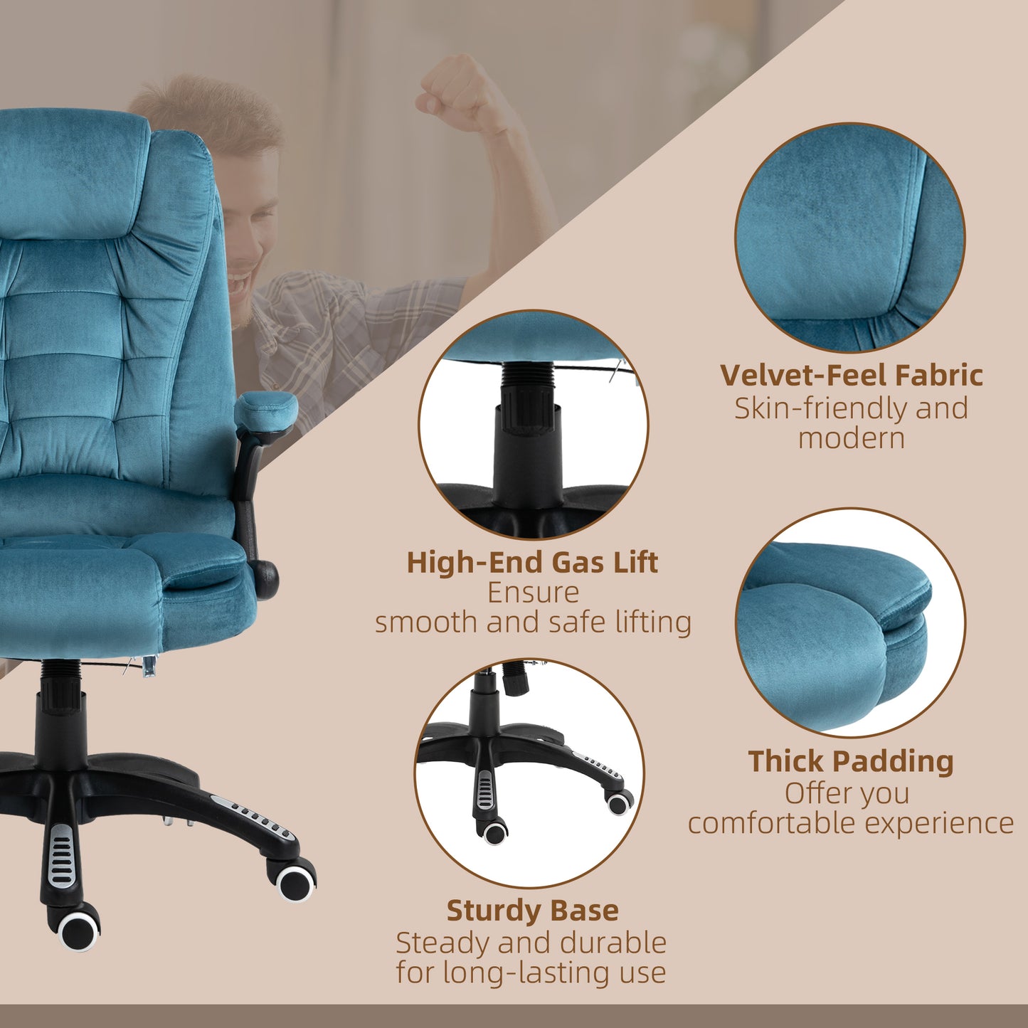 Image for Vinsetto Massage Recliner Chair Heated Office Chair with Six Massage Points Velvet-Feel Fabric 360° Swivel Wheels Blue