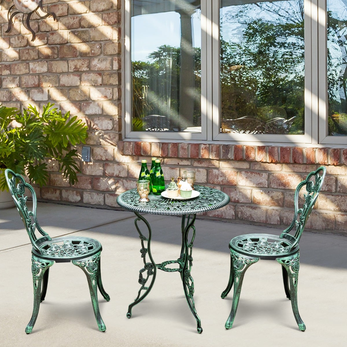 3pcs Aluminium Bistro Dining Table Set with Roses Design