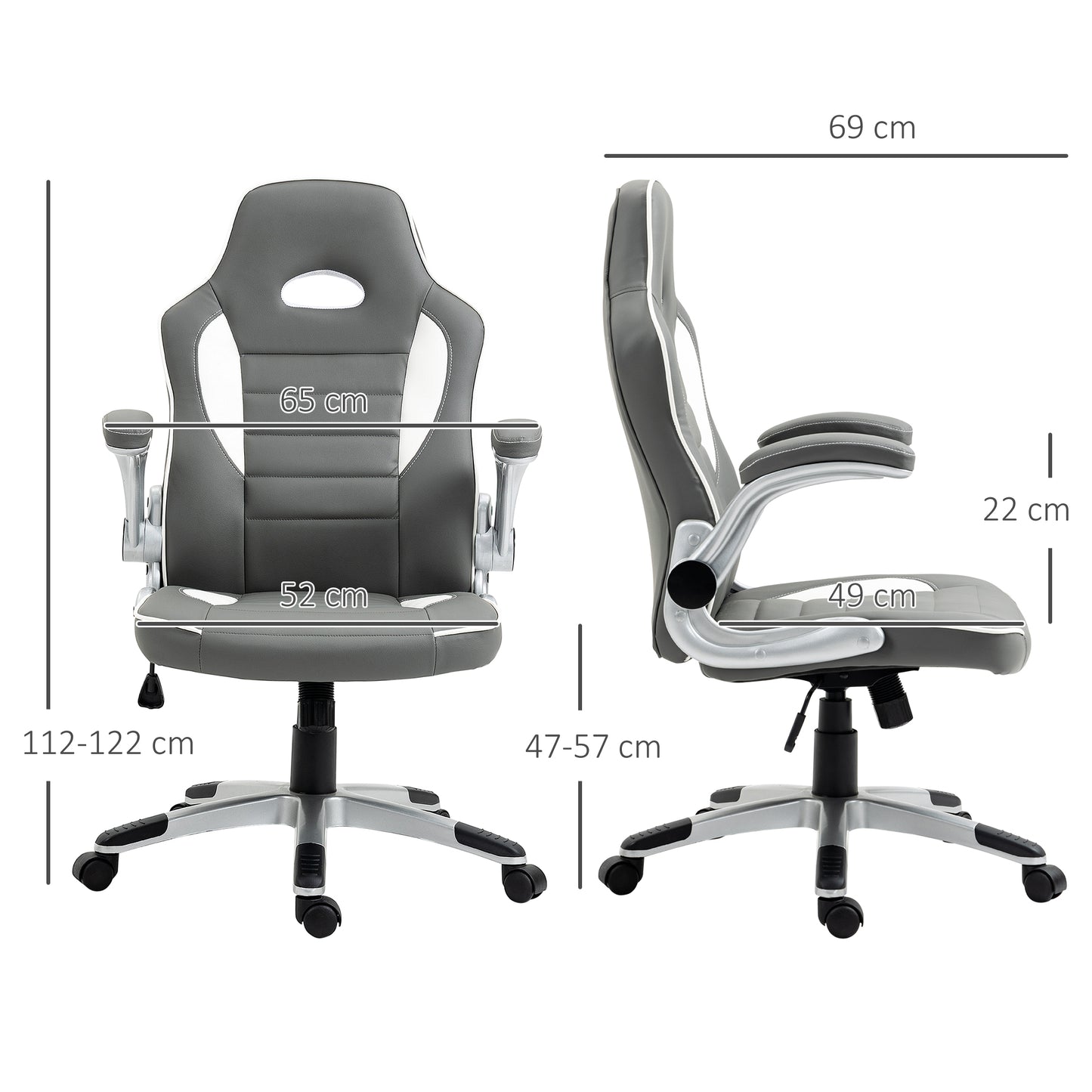 Image for HOMCOM Racing Gaming Chair, PU Leather Computer Desk Chair, Height Adjustable Swivel Chair With Tilt Function and Flip Up Armrests, Grey