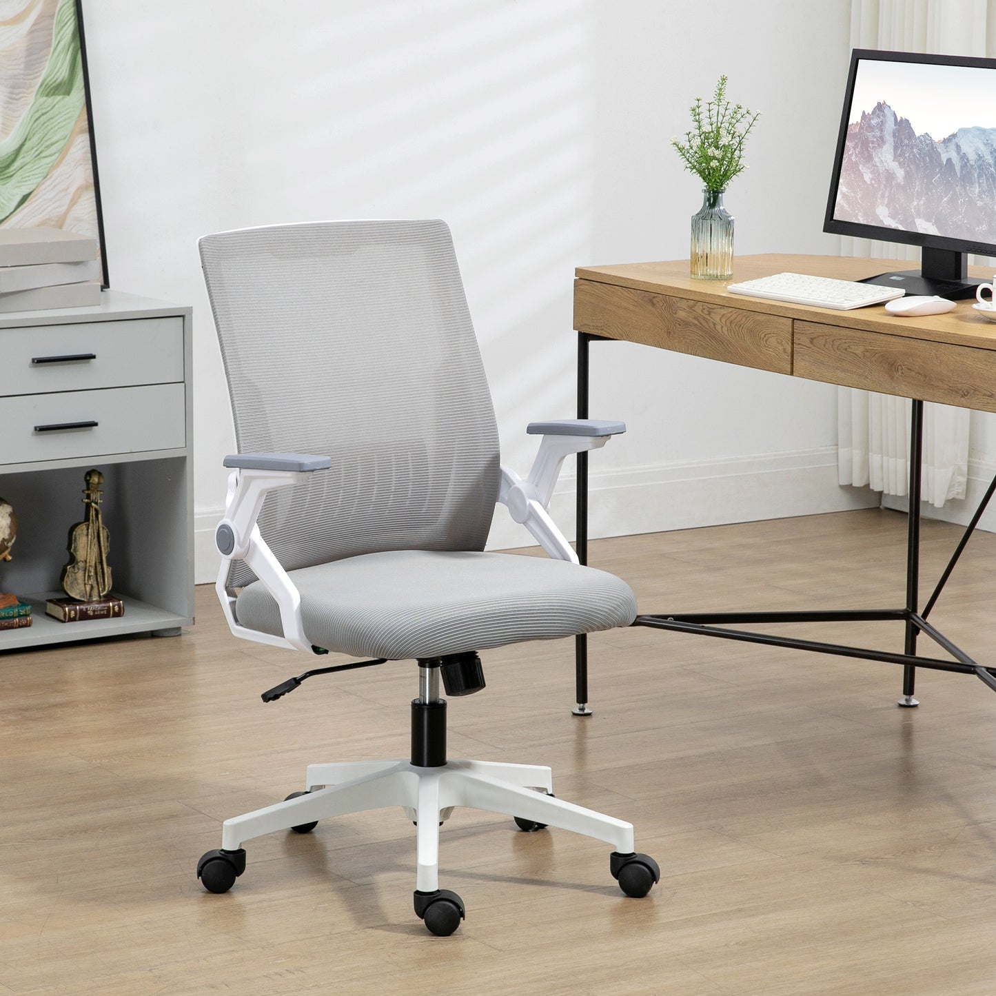 Image for Vinsetto Mesh Office Chair, Desk Chair with Lumbar Support, Flip-up Armrest, Swivel Wheels, Adjustable Height, Grey