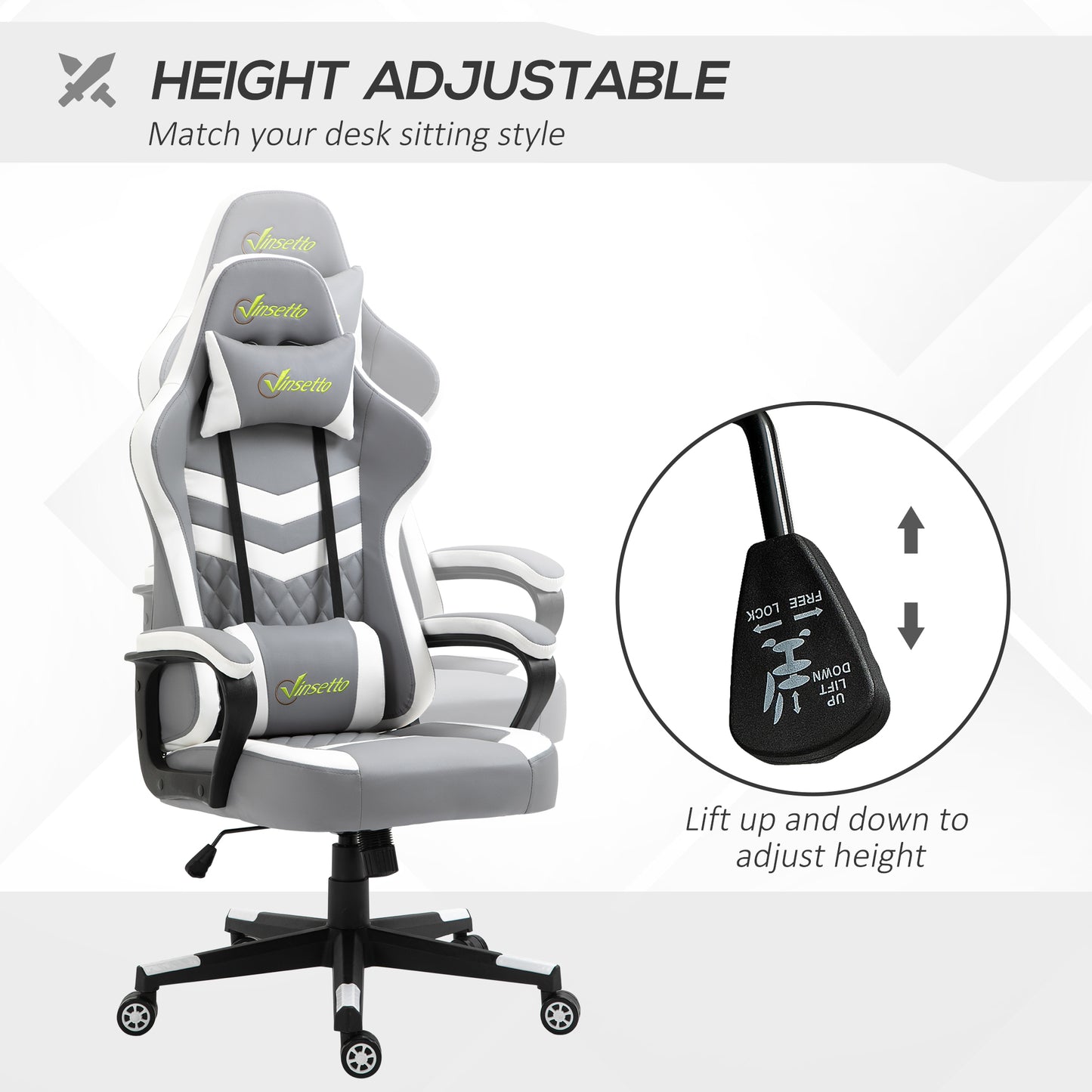 Image for Vinsetto Racing Gaming Chair with Lumbar Support, Headrest, Swivel Wheel, PVC Leather Gamer Desk Chair for Home Office, Grey White