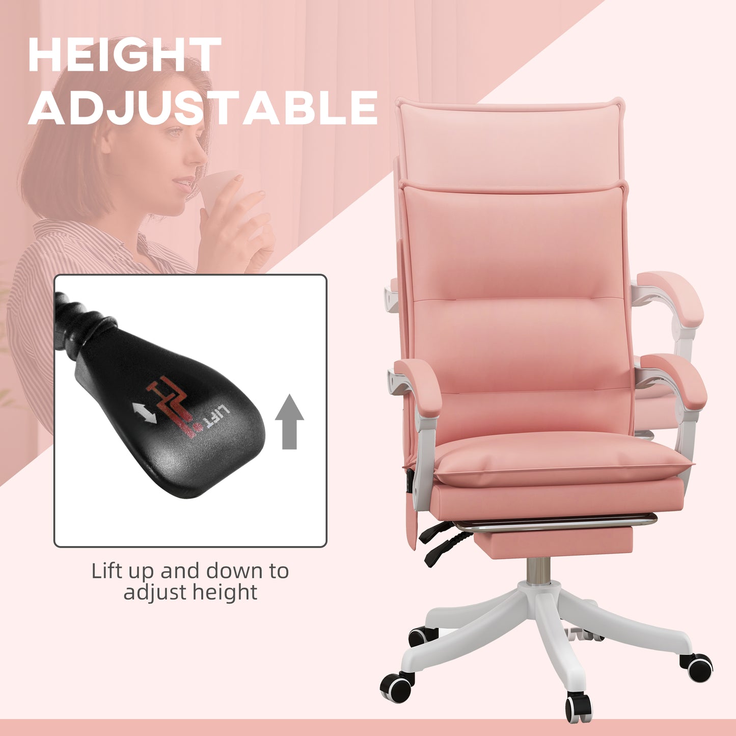 Image for Vinsetto Vibration Massage Office Chair with Heat, Faux Leather Computer Chair with Footrest, Armrest, Reclining Back, Double-tier Padding, Pink