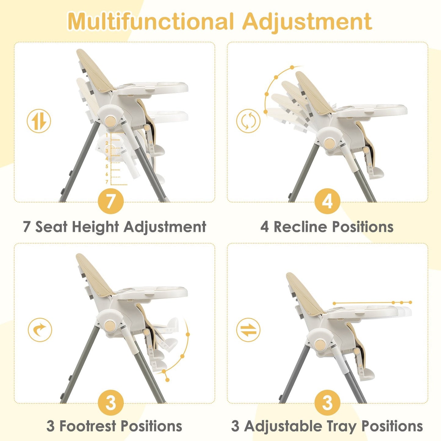 4 - in - 1 Foldable Baby High Chair with 7 Adjustable Heights and 4 Reclining Angles - Beige - ChairwayUKBaby ChairAD10018MS4 - in - 1 Foldable Baby High Chair with 7 Adjustable Heights and 4 Reclining Angles - Beige