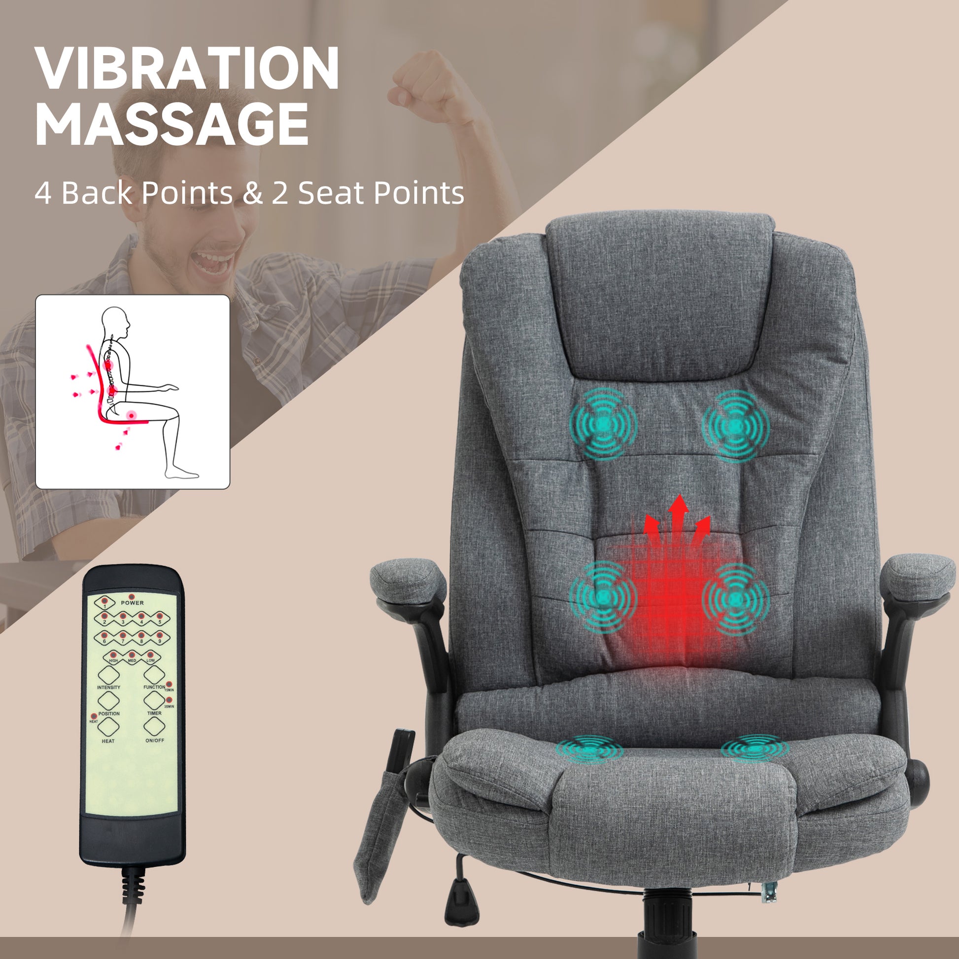 Image for Vinsetto Massage Recliner Chair Heated Office Chair with Six Massage Points Linen-Feel Fabric 360° Swivel Wheels Grey