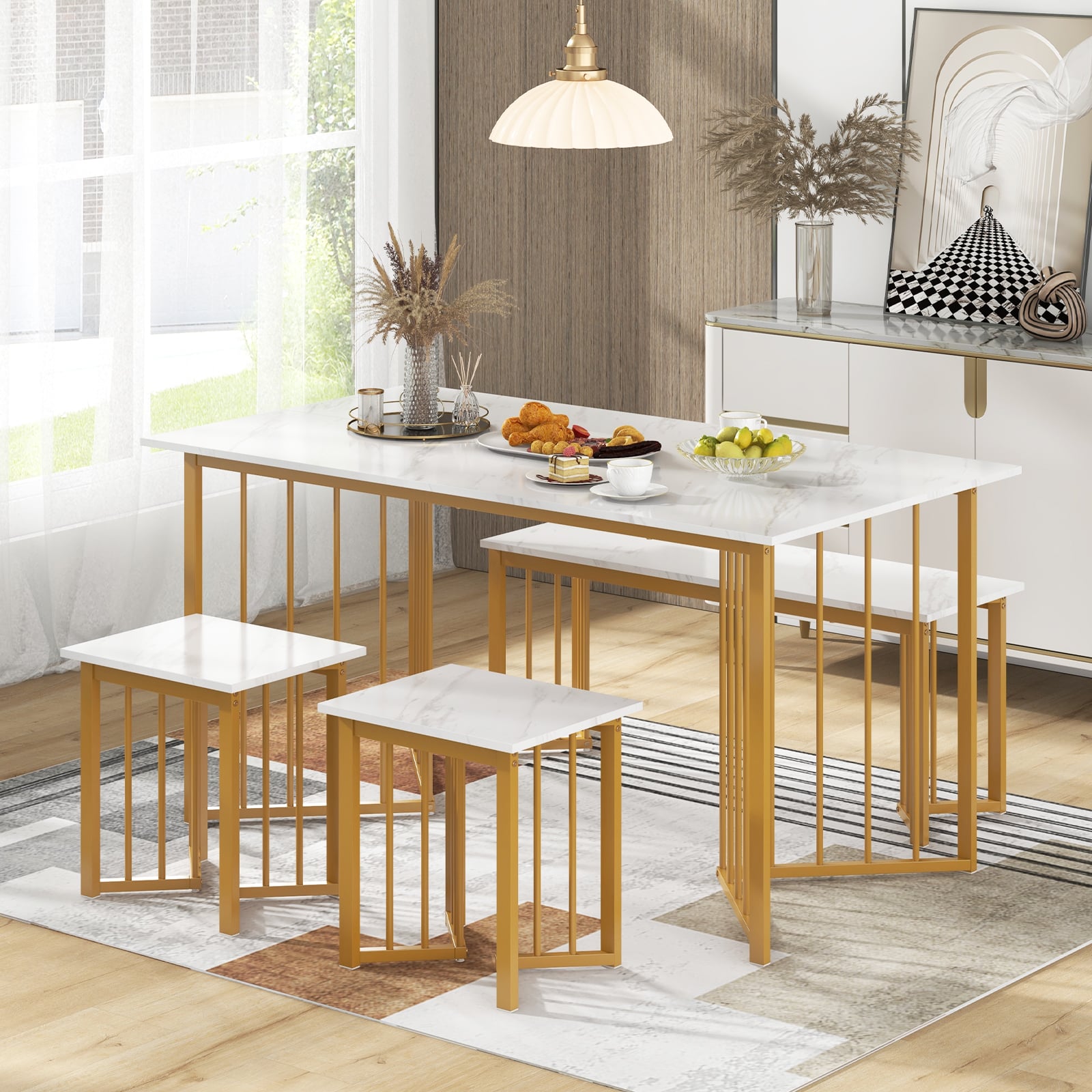 4 Pieces Modern Dinette Dining Table Set with Bench and 2 Stools-White and Golden