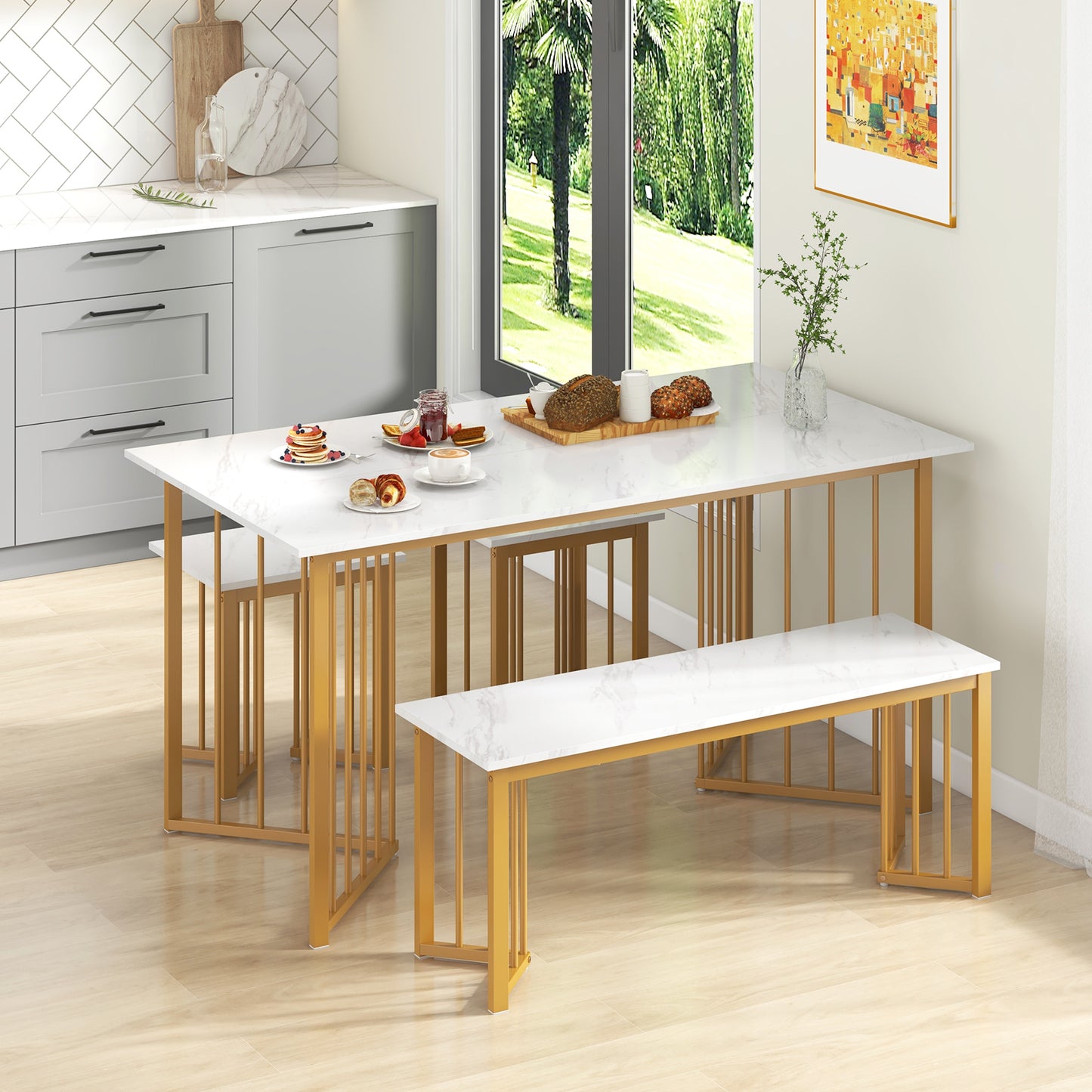 4 Pieces Modern Dinette Dining Table Set with Bench and 2 Stools-White and Golden