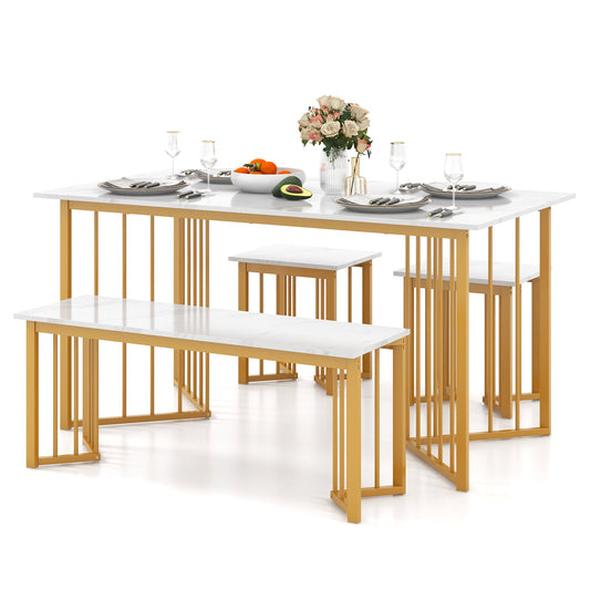 4 Pieces Modern Dinette Dining Table Set with Bench and 2 Stools-White and Golden