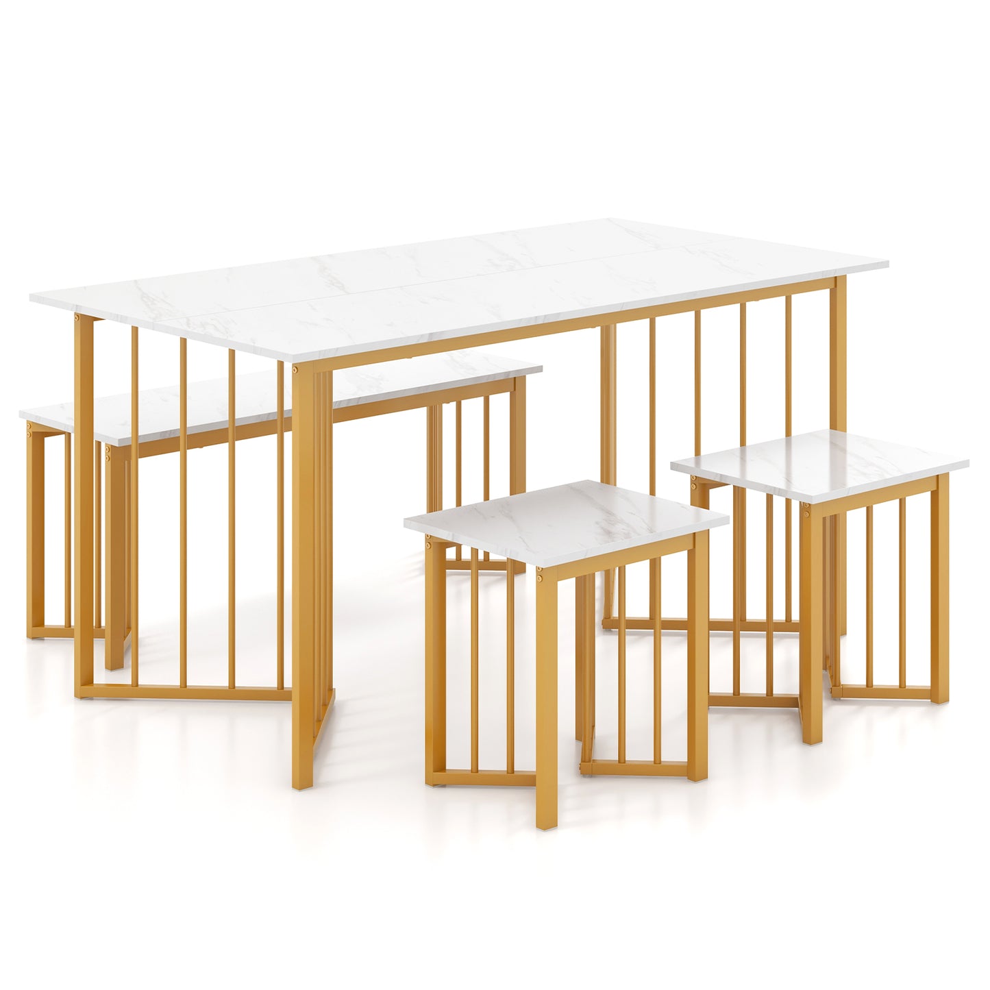4 Pieces Modern Dinette Dining Table Set with Bench and 2 Stools-White and Golden
