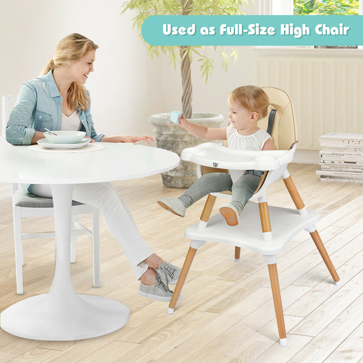 4_in_1_convertible_feeding_chair beige  used as full size feeding or lower to floor study table 