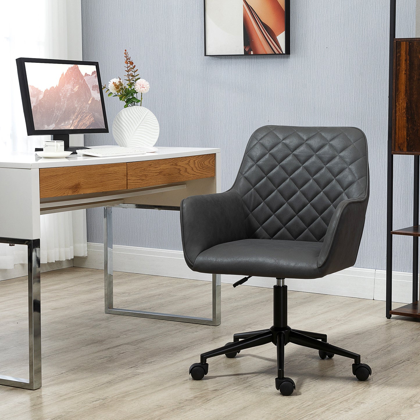 Image for Vinsetto Swivel Office Chair Leather-Feel Fabric Home Study Leisure with Wheels, Grey