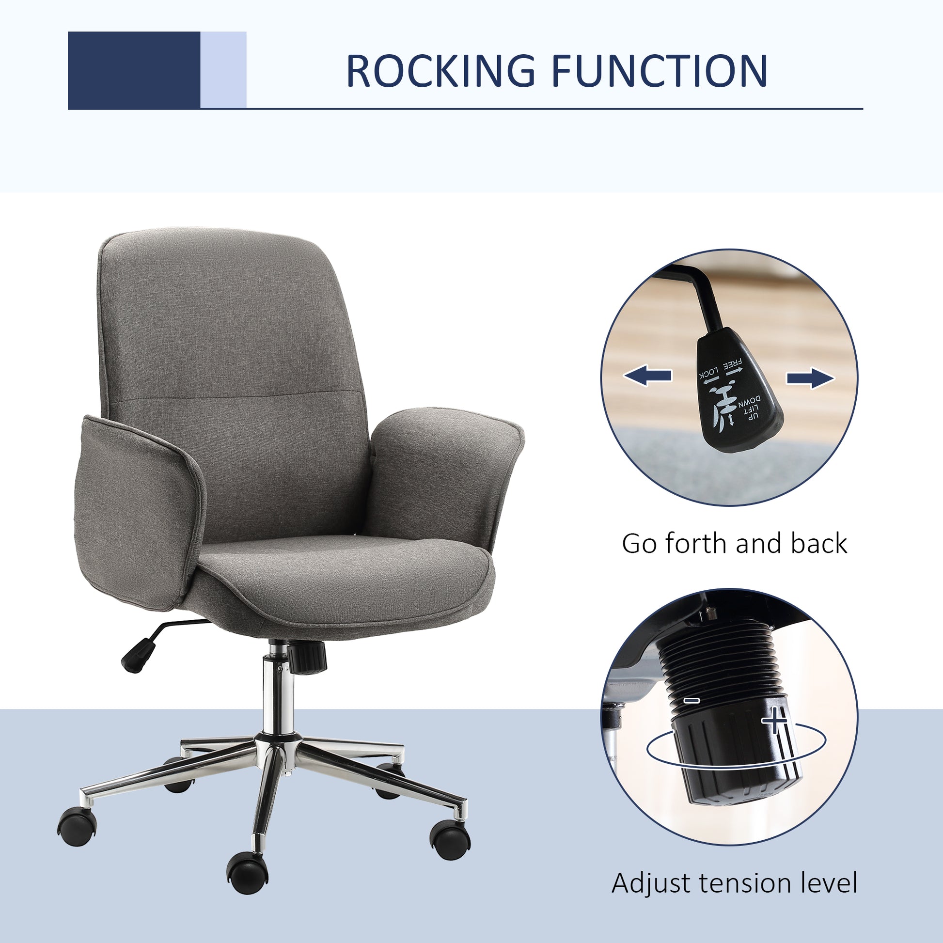 Image for Vinsetto Rocking Chair Office Chair Mid Back Executive Adjustable with Wheels Light Grey