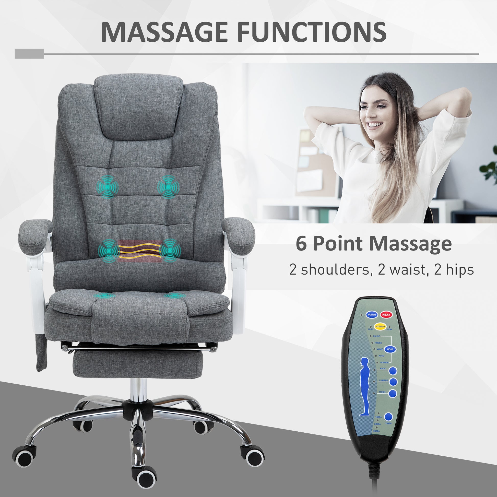 Image for Vinsetto Heated 6 Points Vibration Massage Executive Office Chair, Adjustable Swivel Ergonomic High Back Desk Chair Recliner w/ Footrest, Grey