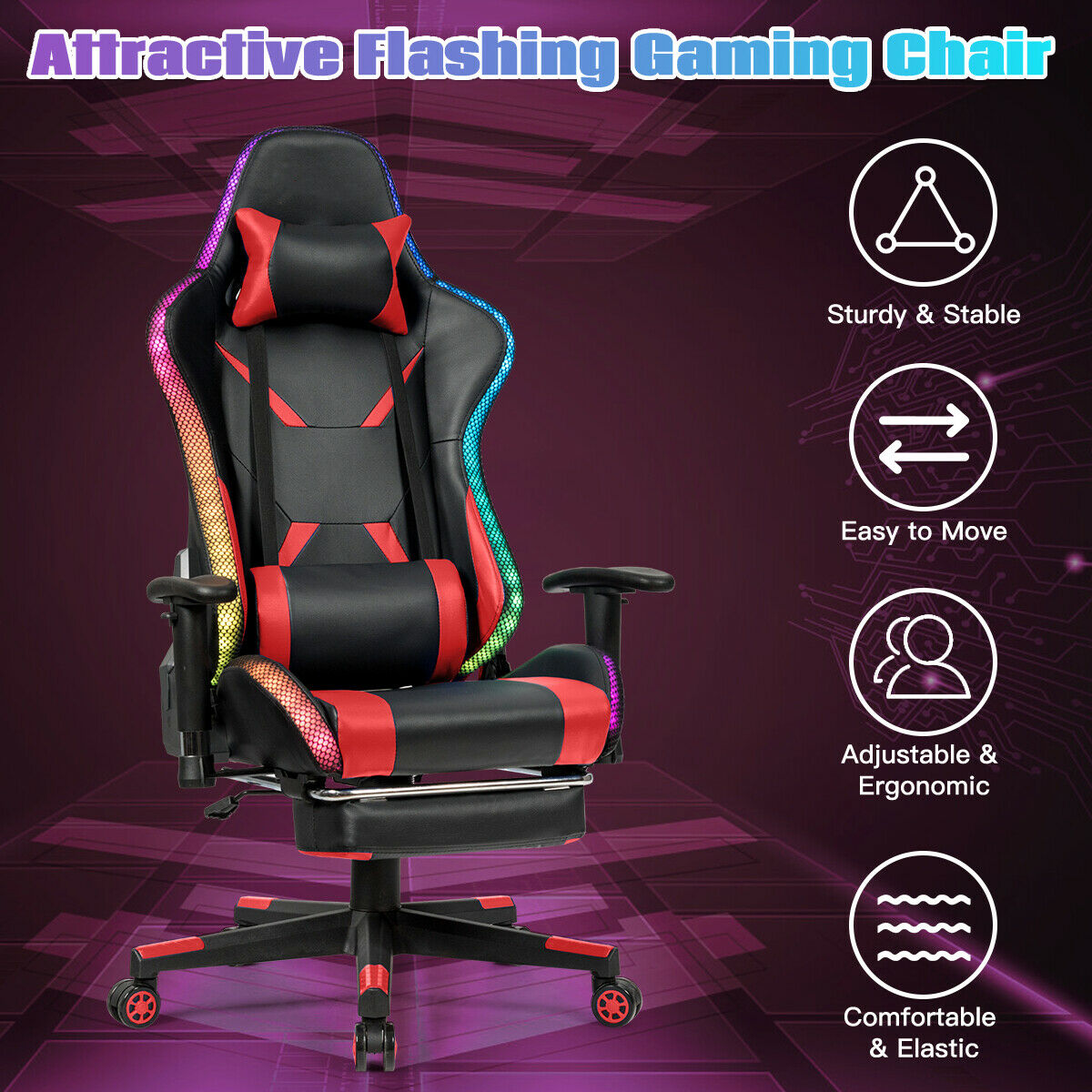 Image for Ergonomic Gaming Chair with Adjustable High Back and Remote Control LED