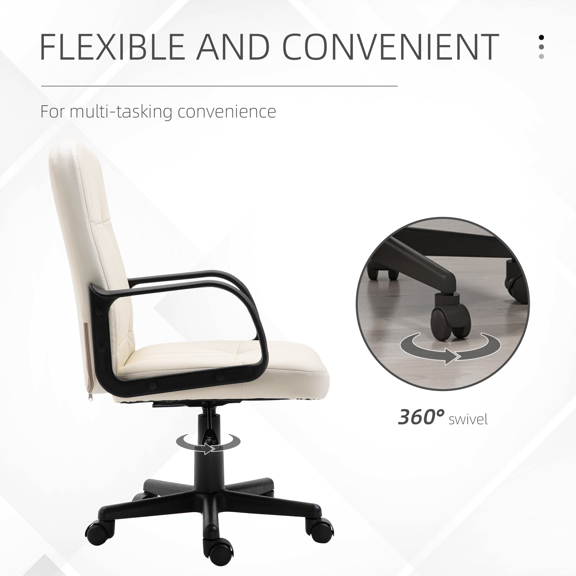 Image for HOMCOM Swivel Executive Office Chair Home Office Mid Back PU Leather Computer Desk Chair for Adults with Arm, Wheels, Cream