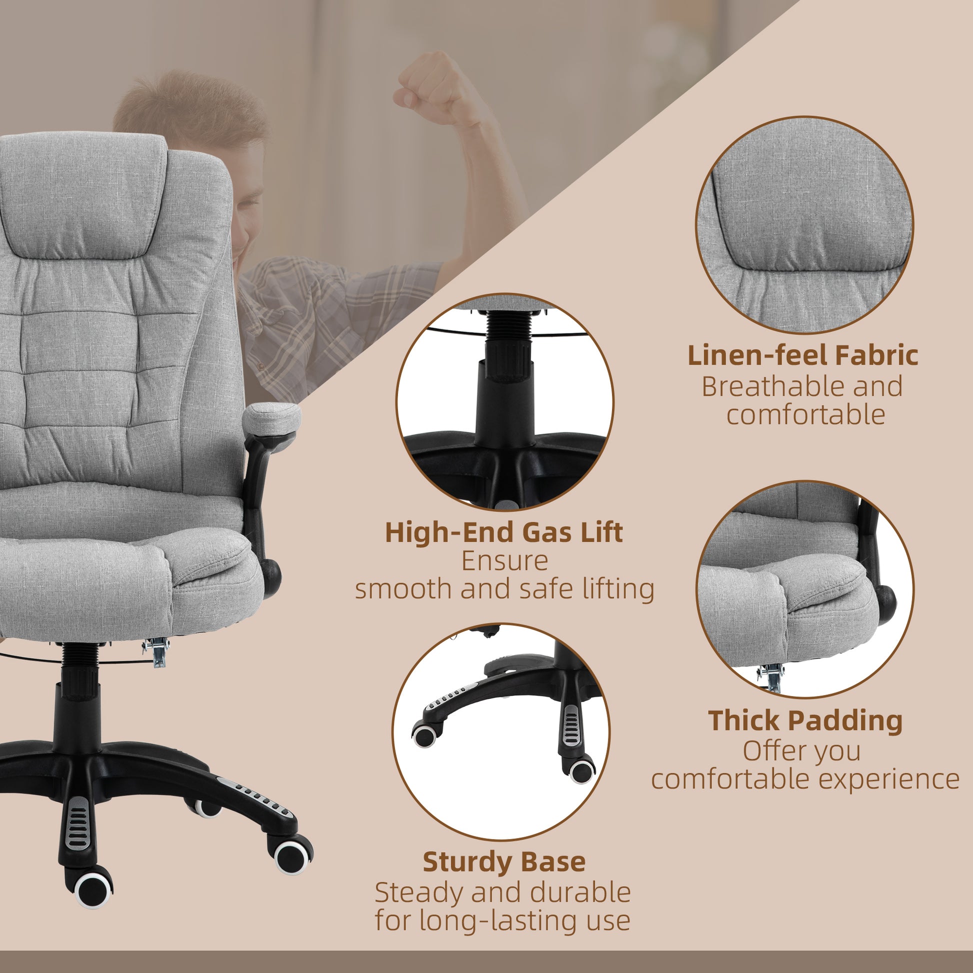 Image for Vinsetto Office Chair with Massager High Back Ergonomic Design with Heated Padded and 360° Swivel Base for Home Office, Gaming, Light Grey