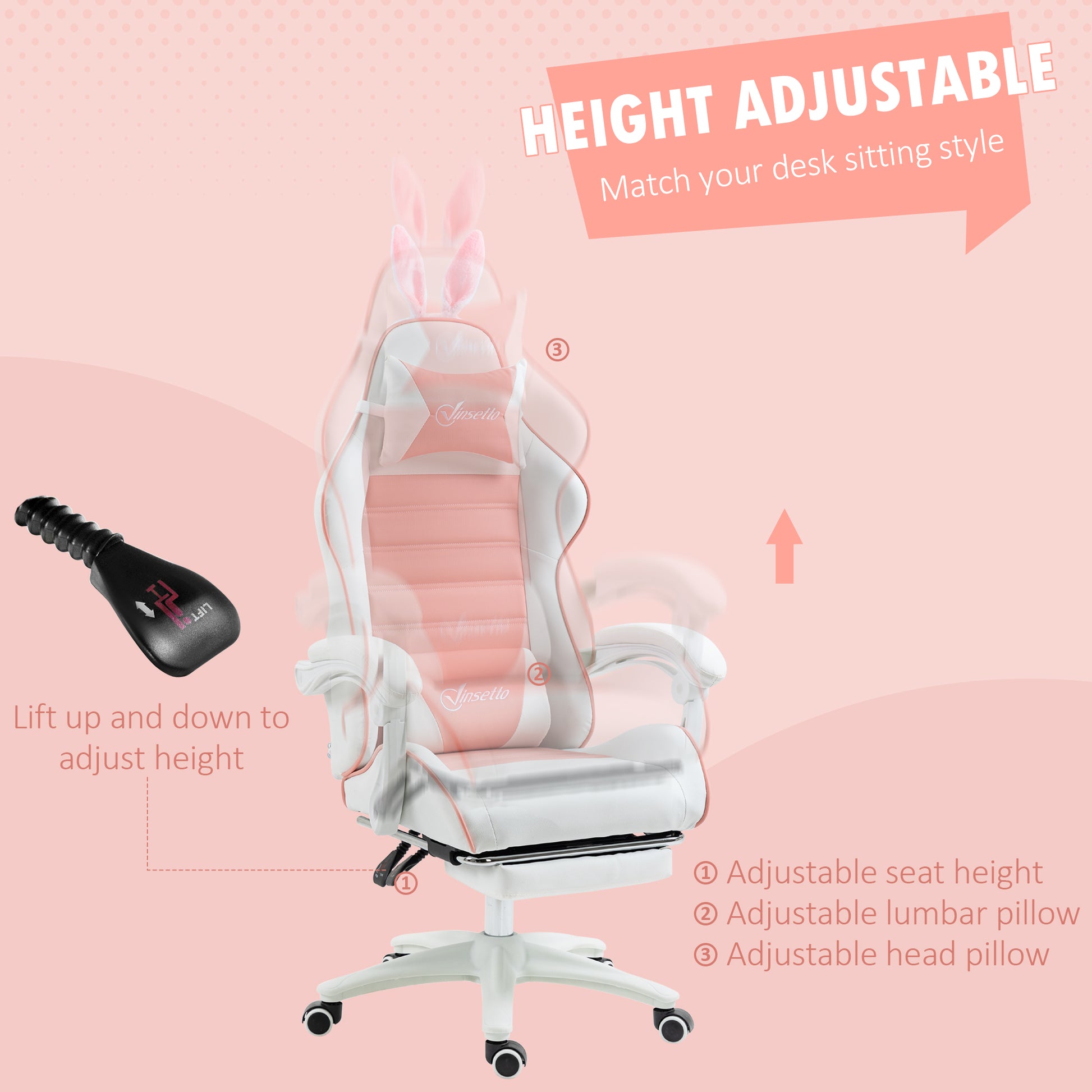 Image for Vinsetto Racing Gaming Chair, Reclining PU Leather Computer Chair with Removable Rabbit Ears, Footrest, Headrest and Lumber Support, Pink