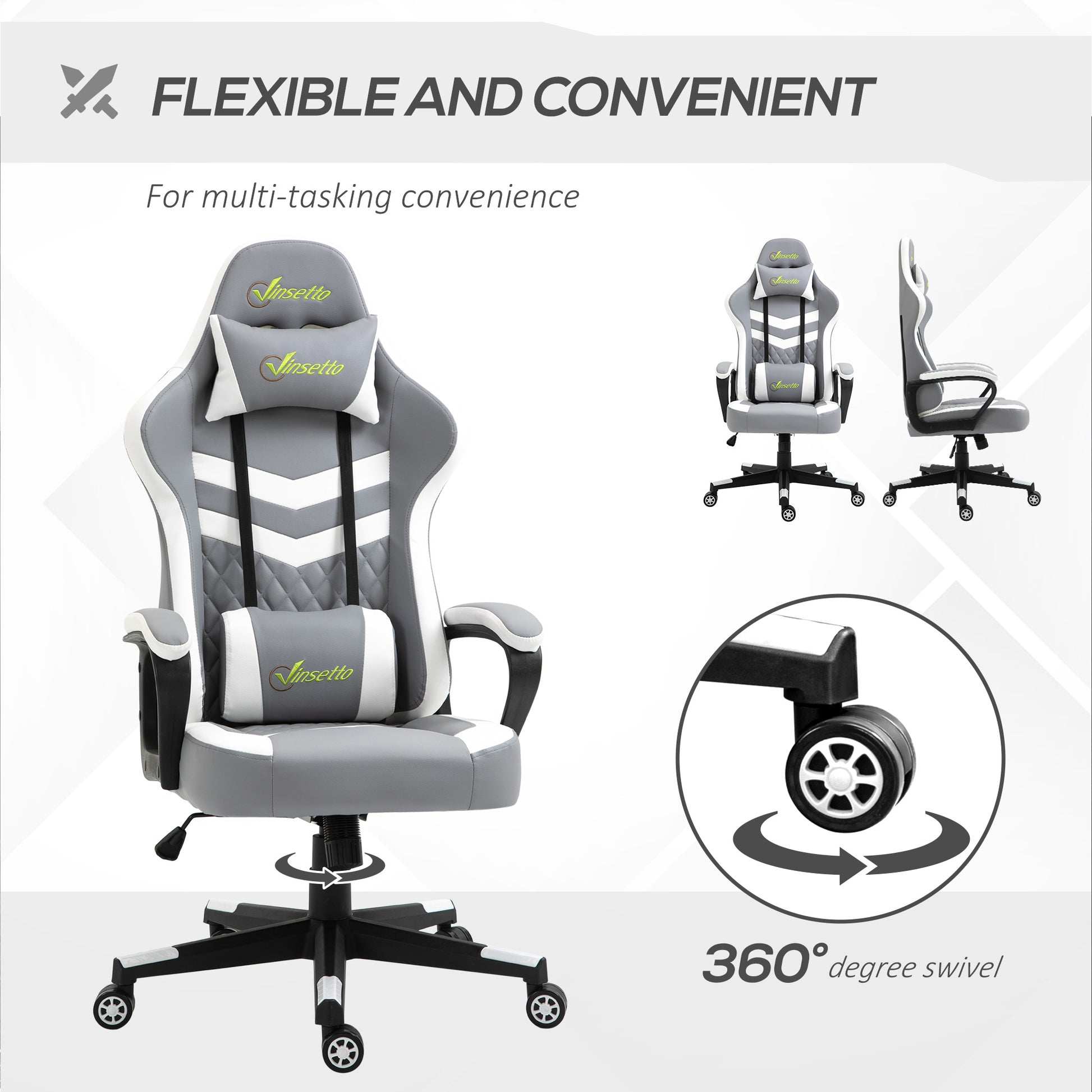 Image for Vinsetto Racing Gaming Chair with Lumbar Support, Headrest, Swivel Wheel, PVC Leather Gamer Desk Chair for Home Office, Grey White