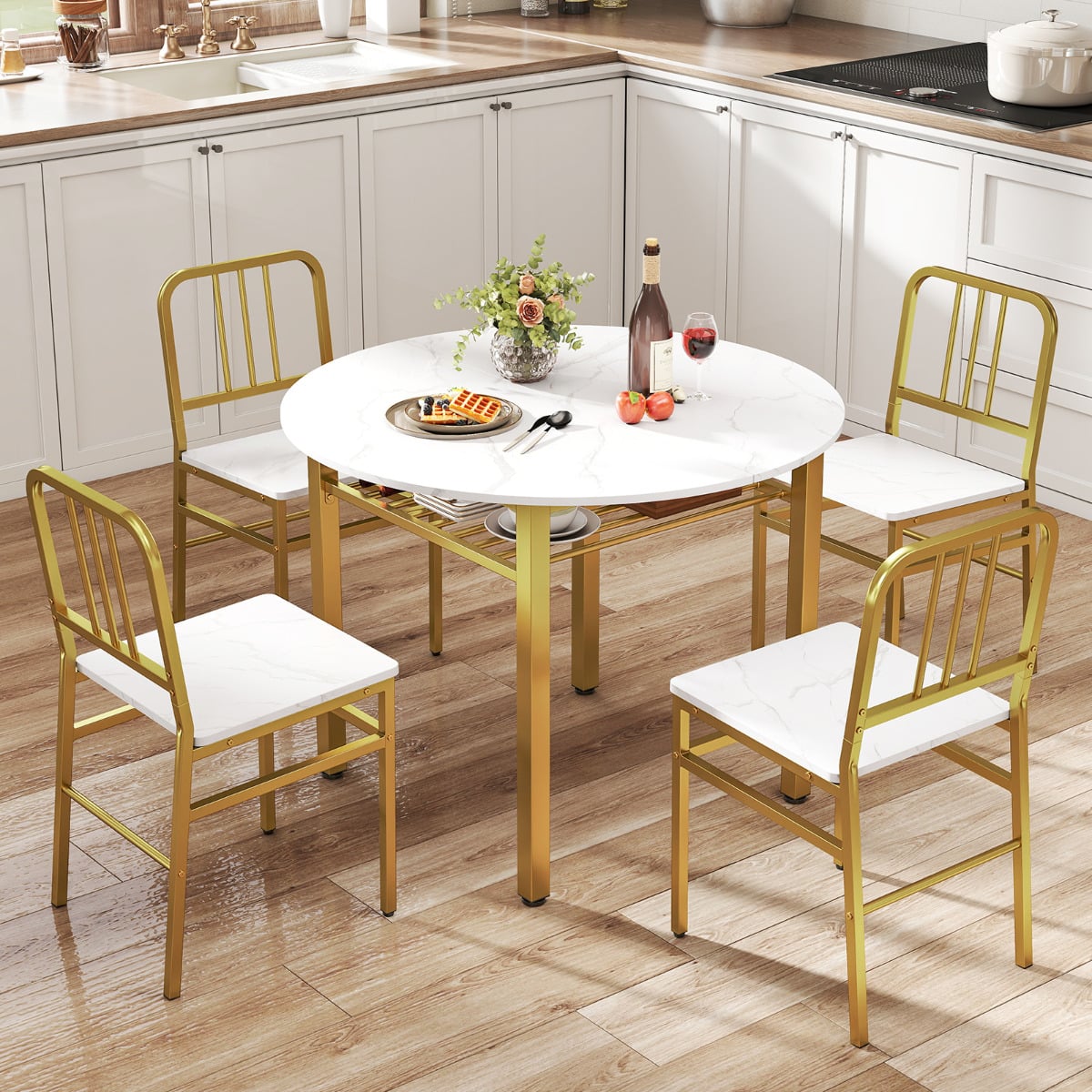 5 Piece Dining Table Set with Storage Rack for Dining Room White Dinning room 