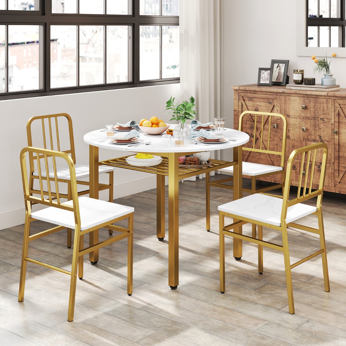 5 Piece Dining Table Set with Storage Rack for Dining Room White Dinning room 