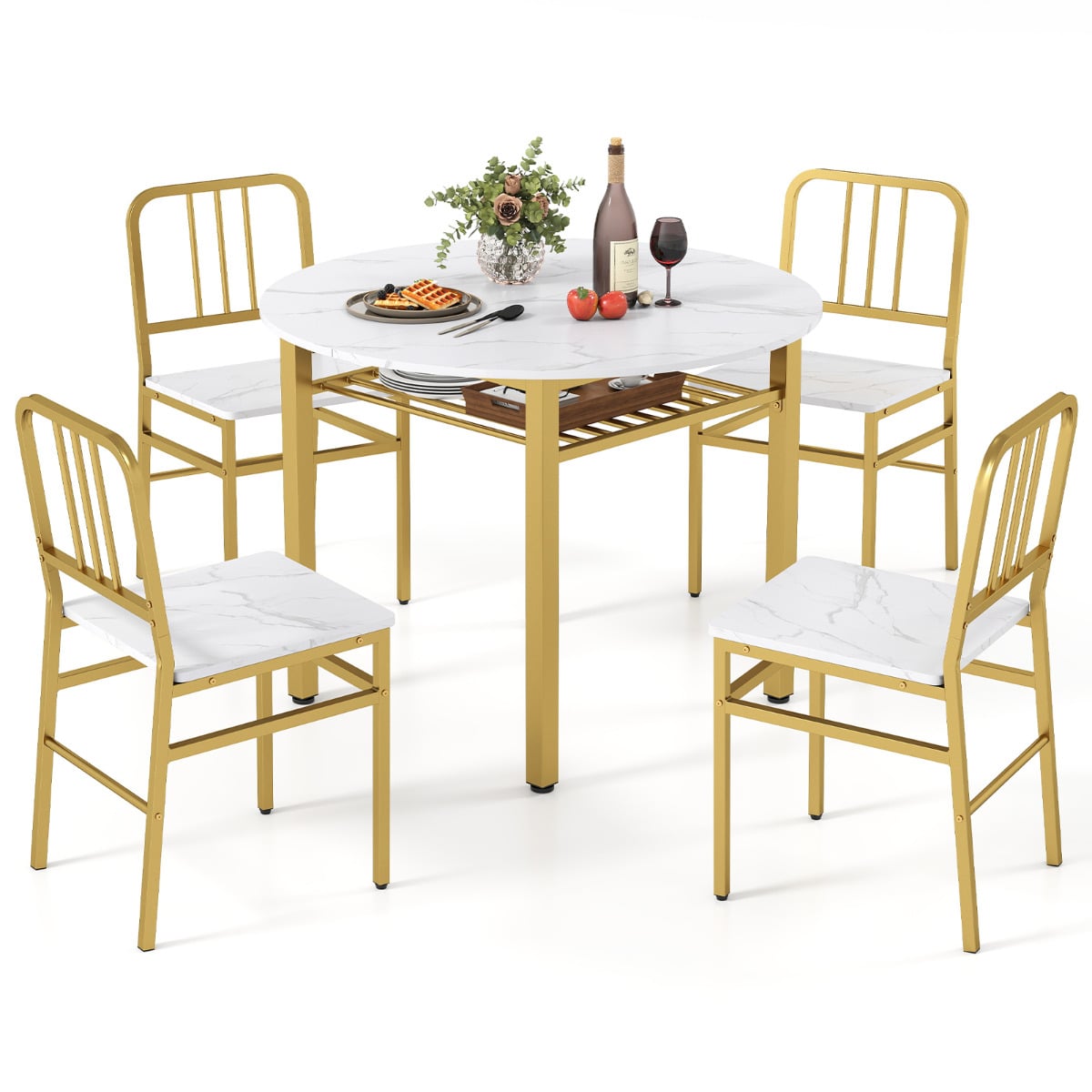 5 Piece Dining Table Set with Storage Rack for Dining Room White Dinning room 