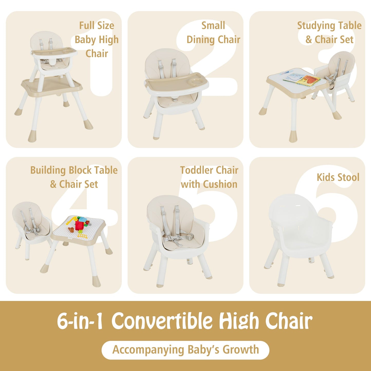 6 - in - 1 Baby High Chair with Convertible Table and Removable Tray - Beige - ChairwayUKBaby ChairAD10036GB - BE6 - in - 1 Baby High Chair with Convertible Table and Removable Tray - Beige