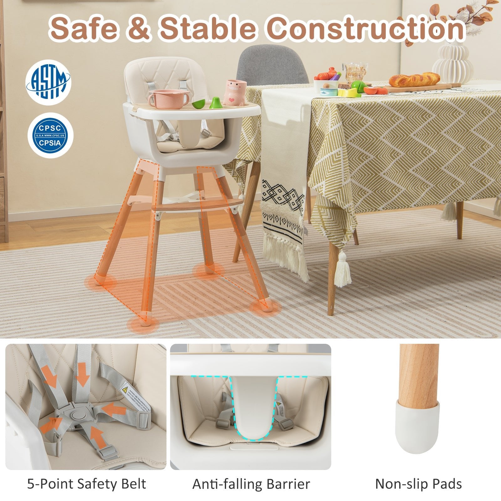 6 - in - 1 Convertible Baby High Chair with Adjustable Legs - ChairwayUKBaby ChairAD10035GB - BE6 - in - 1 Convertible Baby High Chair with Adjustable Legs - Beige