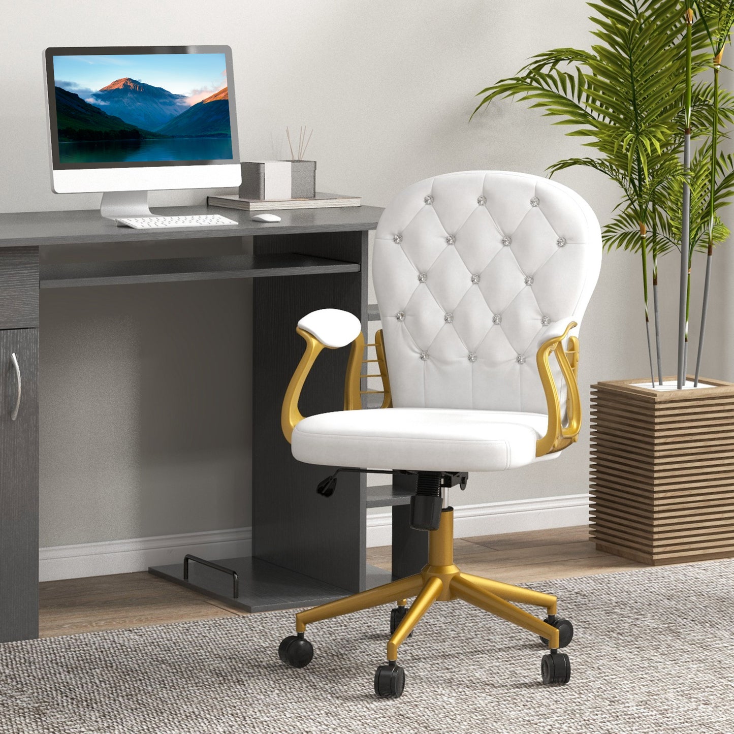 Image for Vinsetto Height Adjustable Home Office Chair, Button Tufted Computer Chair with Padded Armrests and Tilt Function, Cream White