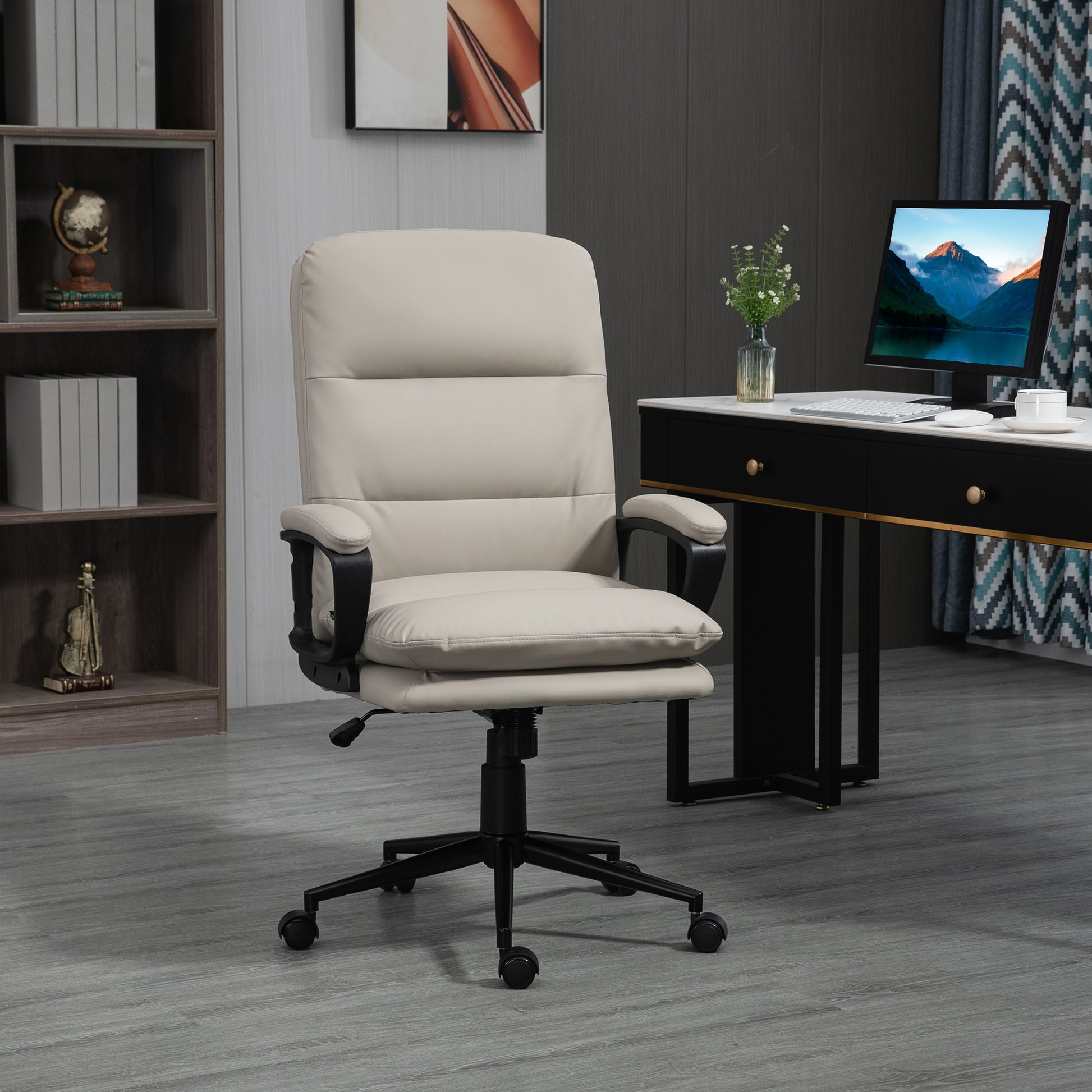 Image for Vinsetto High Back Office Chair, PU Leather Desk Chair with Double-tier Padding, Arm, Swivel Wheels, Adjustable Height, Light Grey