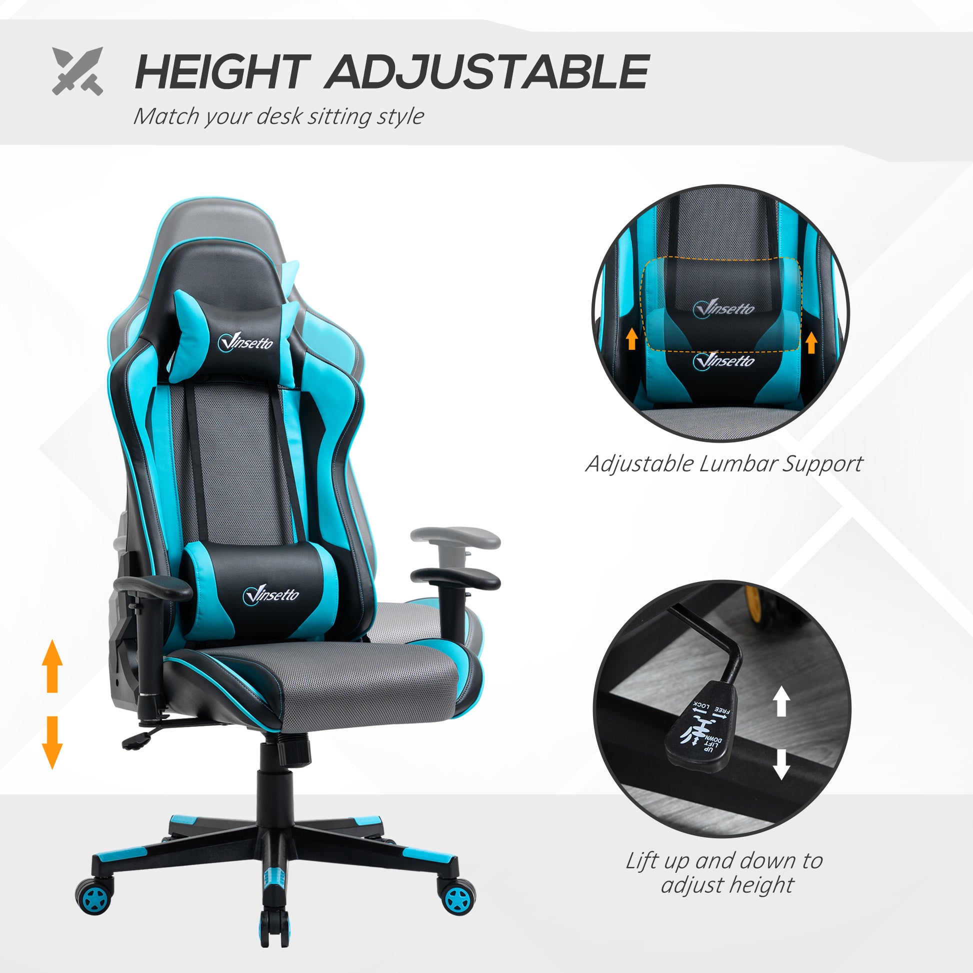 Image for Vinsetto Gaming Chair Racing Style Ergonomic Office Chair High Back Computer Desk Chair Adjustable Height Swivel Recliner with Headrest Sky Blue