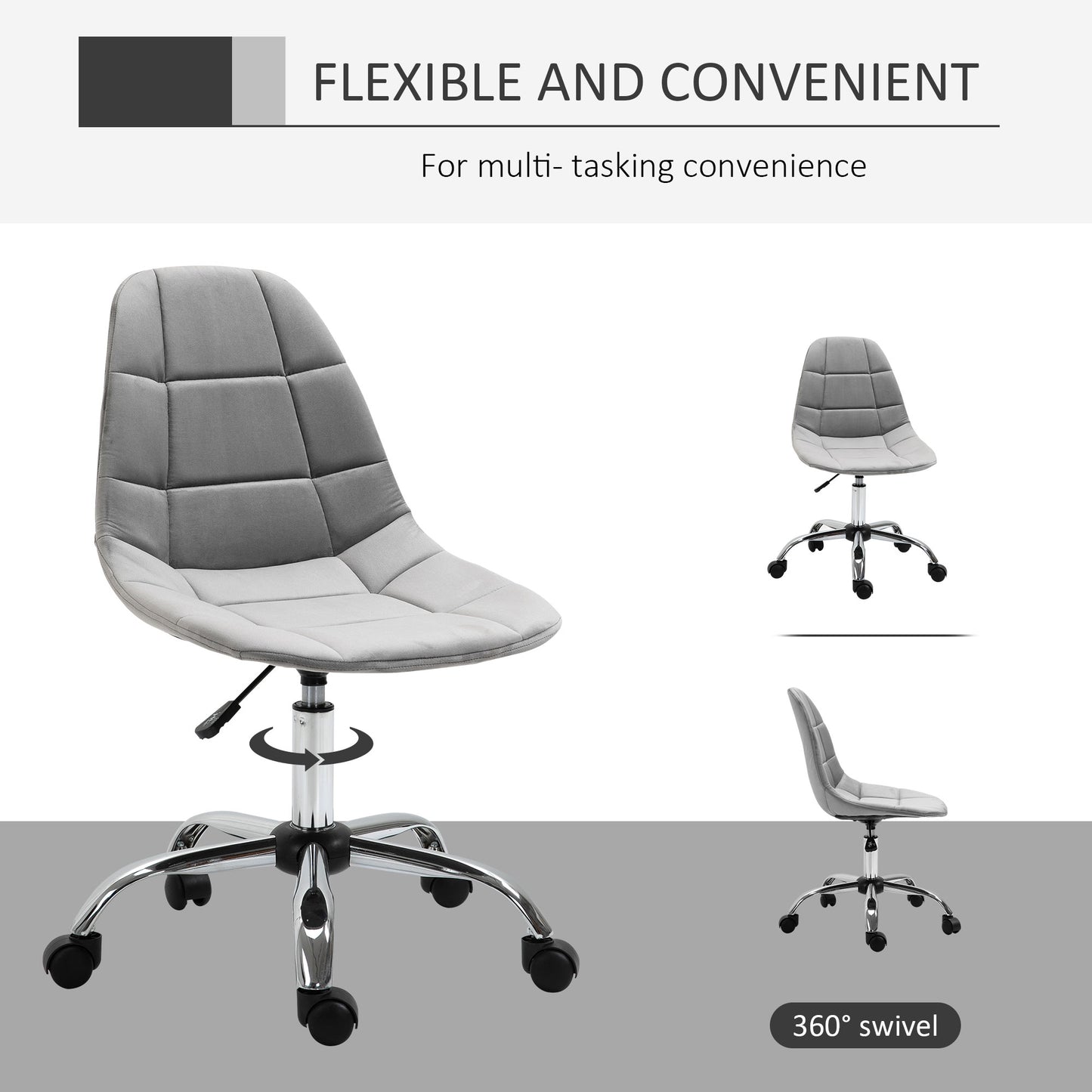 Image for Vinsetto Ergonomic Office Chair with Adjustable  Height and Wheels Velvet Executive Chair Armless for Home Study Bedroom Grey