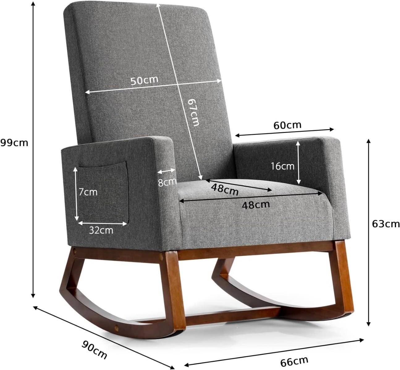Upholstered Fabric Armchair with Rubber Wood Base Grey Dimensions