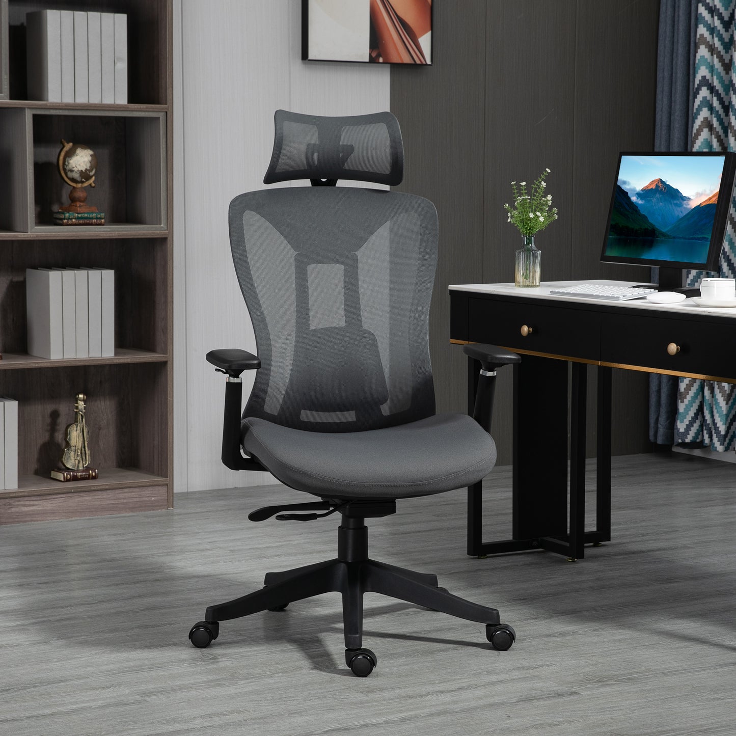 Image for Vinsetto Mesh Office Chair, Reclining Desk Chair with Adjustable Headrest, Lumbar Support, 3D Armrest, Sliding Seat, Swivel Wheels, Grey