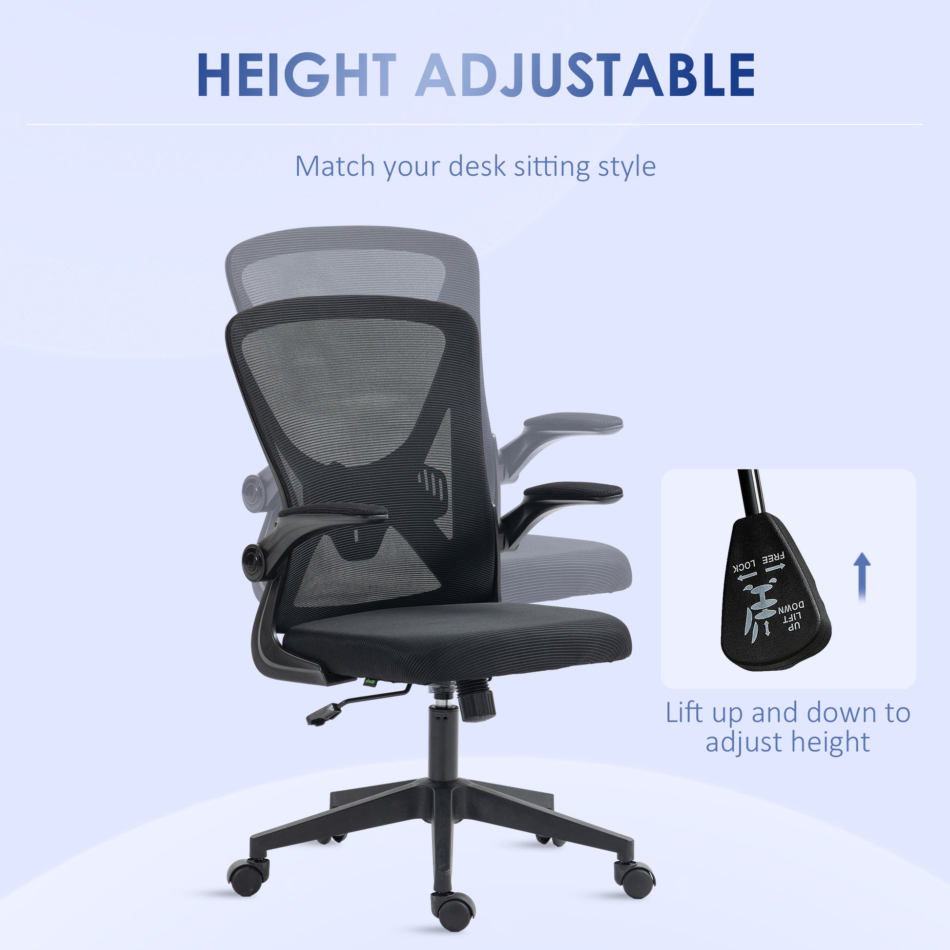 Image for Vinsetto Mesh Office Chair Swivel Task Desk Chair for Home with Lumbar Back Support, Adjustable Height, Flip-Up Arm, Black