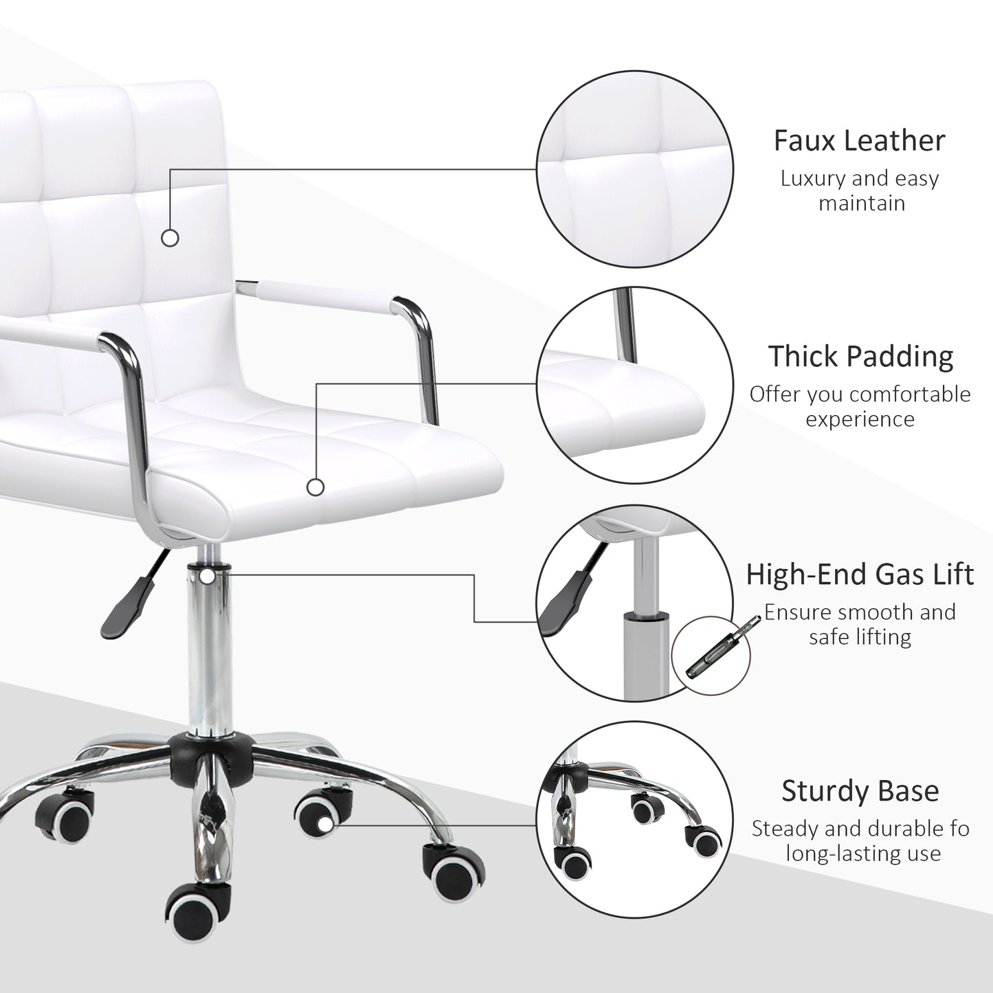 Image for Vinsetto Mid Back PU Leather Home Office Desk Chair Swivel Computer Chair with Arm, Wheels, Adjustable Height, White