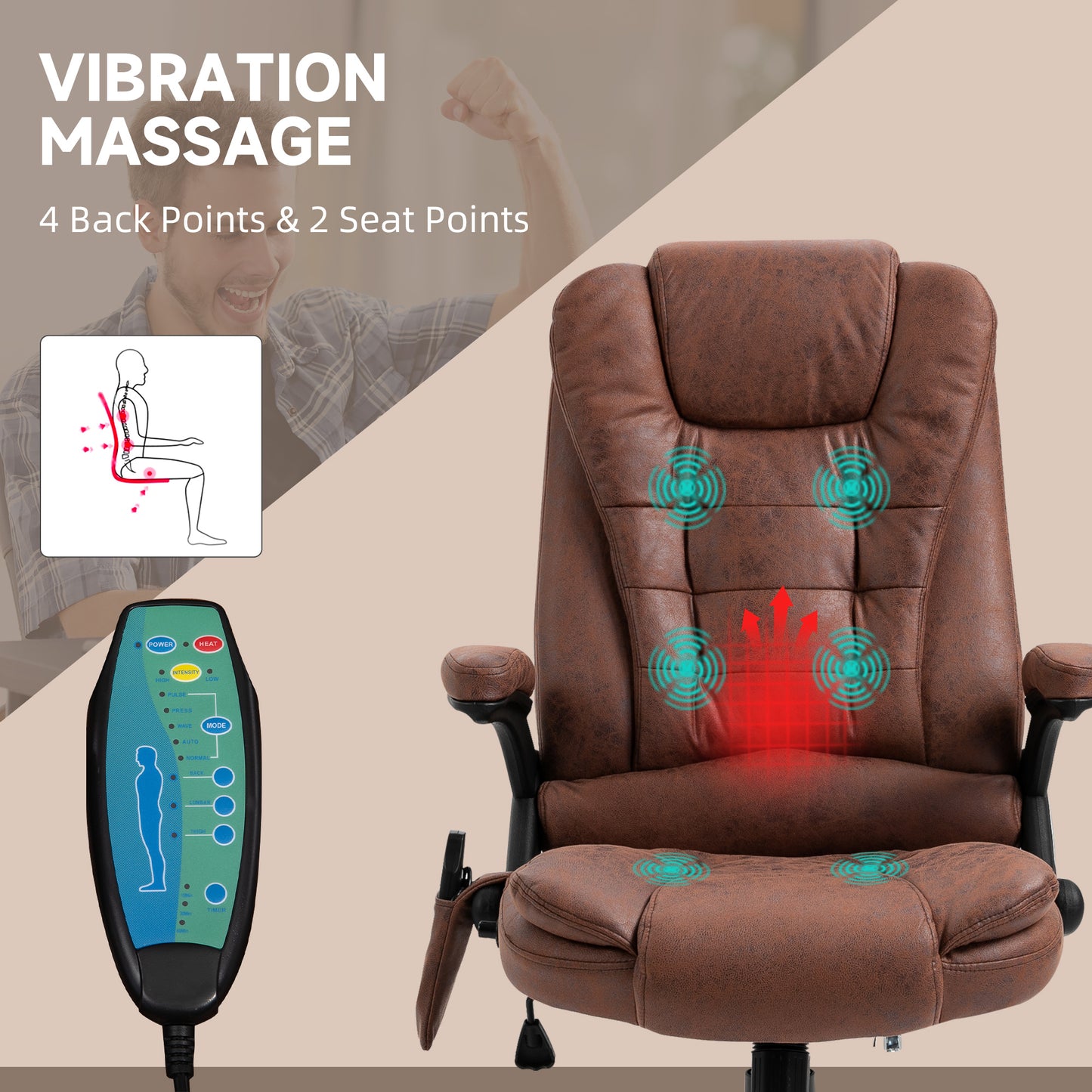 Image for Vinsetto Massage Recliner Chair Heated Office Chair with Six Massage Points Microfiber Cloth 360° Swivel Wheels Brown