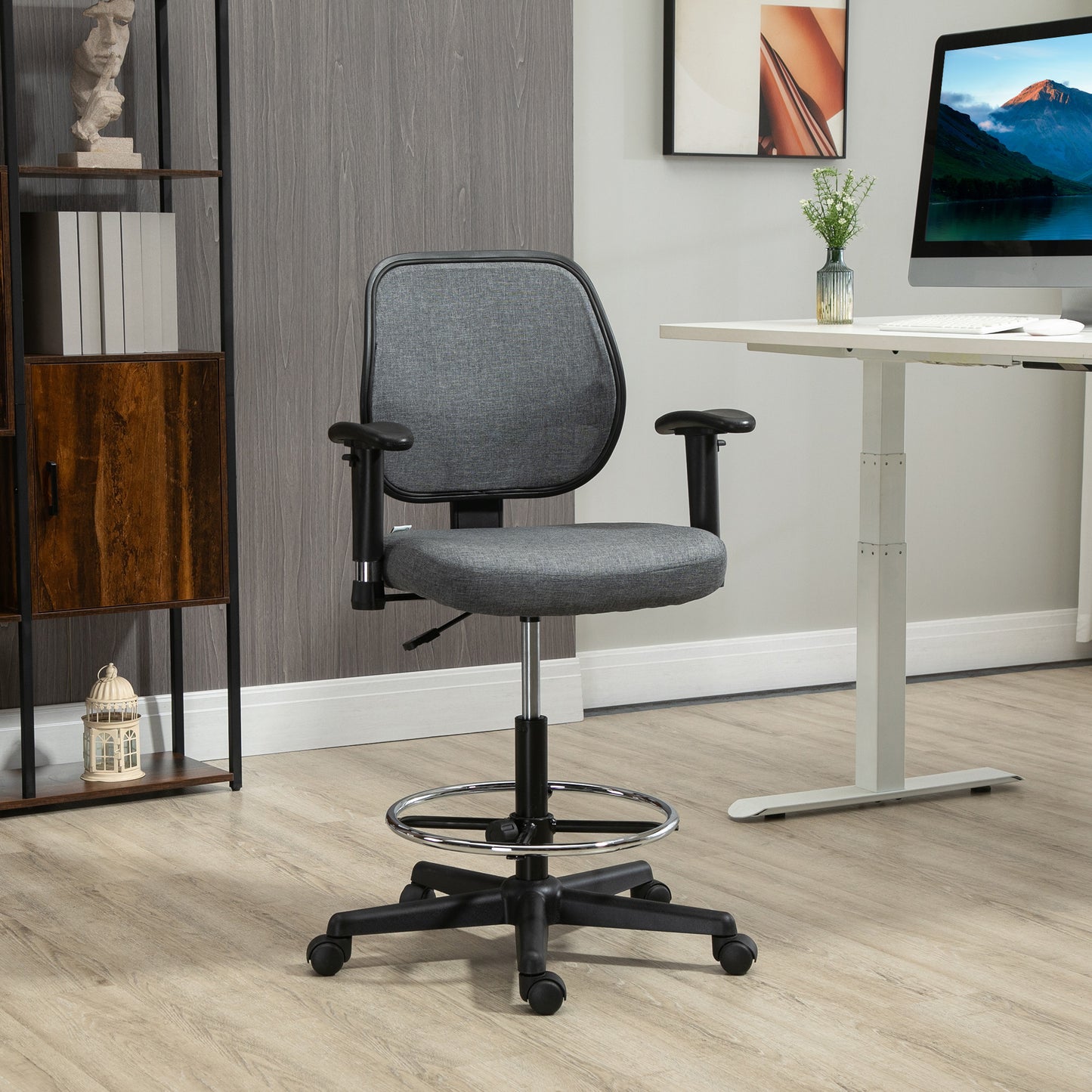 Image for Vinsetto Drafting Chair Tall Office Fabric Standing Desk Chair with Adjustable Footrest Ring, Arm, Swivel Wheels, Grey