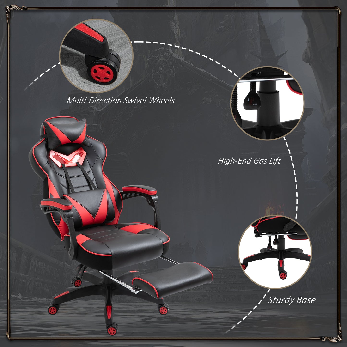 Image for Vinsetto Ergonomic Racing Gaming Chair Office Desk Chair Adjustable Height Recliner with Wheels,Lumbar Support Retractable Footrest Home Office, Red