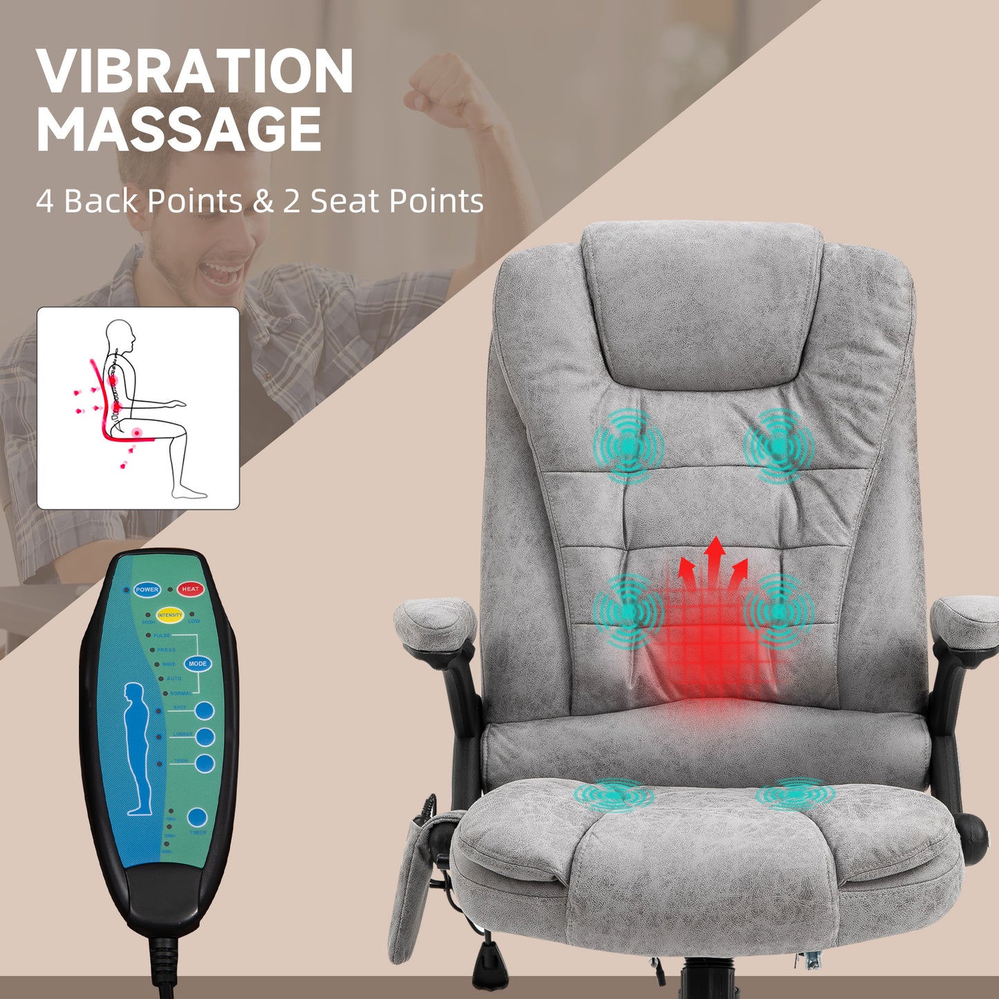 Image for Vinsetto Massage Recliner Chair Heated Office Chair with Six Massage Points Microfiber Cloth 360° Swivel Wheels Grey