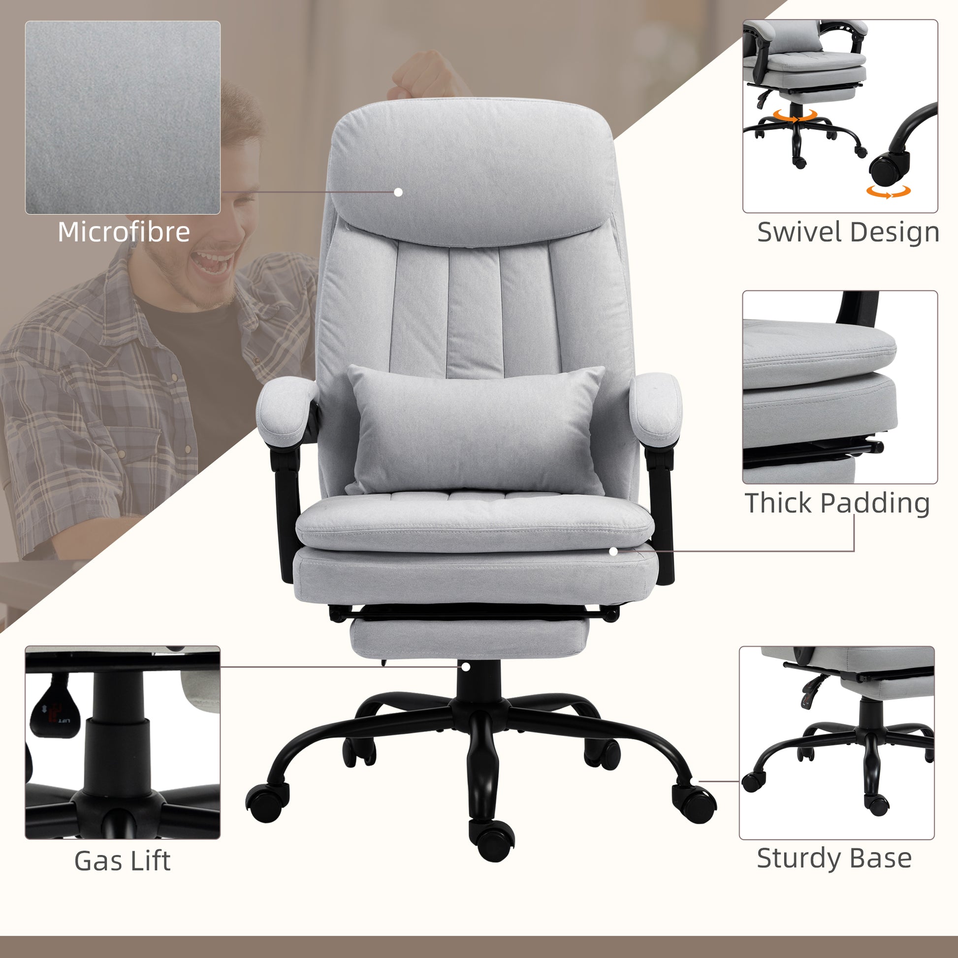 Image for Vinsetto Vibration Massage Office Chair with Heat, Microfibre Computer Chair with Footrest, Lumbar Support Pillow, Armrest, Reclining Back, Grey