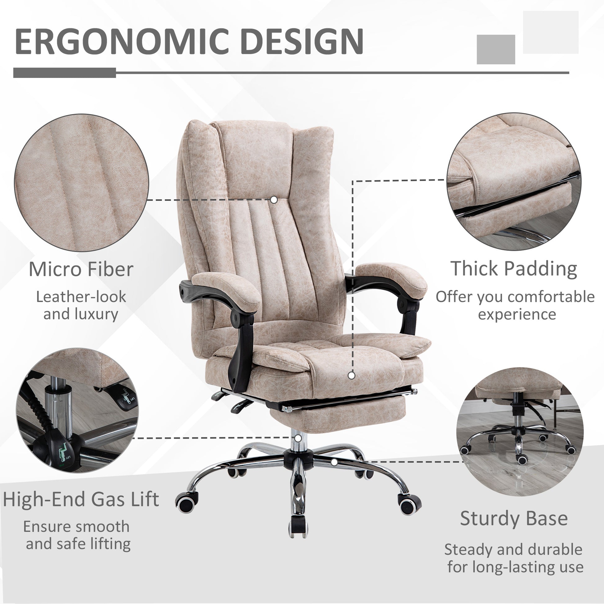 Image for Vinsetto Home Office Chair Microfibre Desk Chair with Reclining Function Armrests Swivel Wheels Footrest Beige