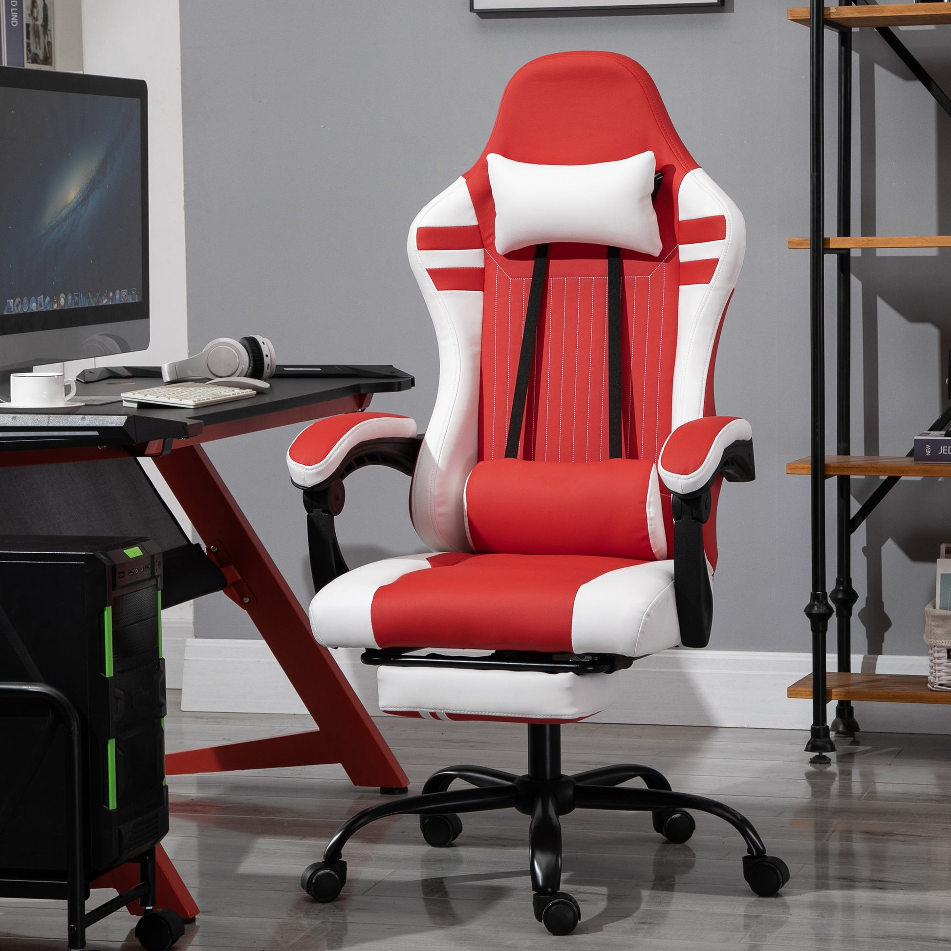 Image for Vinsetto PU Leather Gaming Chair w/ Headrest, Footrest, Wheels, Adjustable Height, Racing Gamer Recliner, Red White